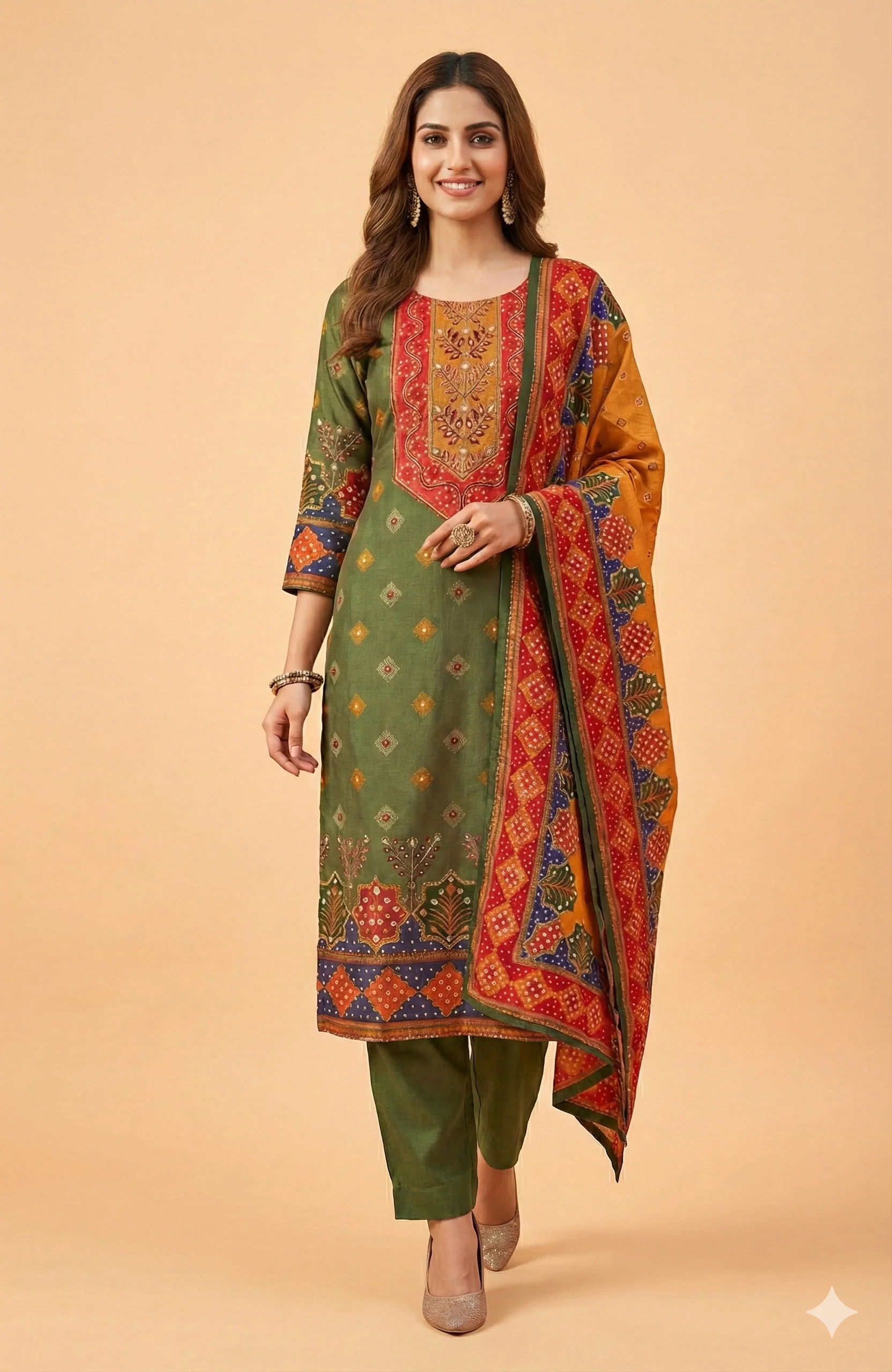 Green Floral Printed Muslin Straight Fit Salwar Suit with Elegant Handwork Embroidery - Image 2