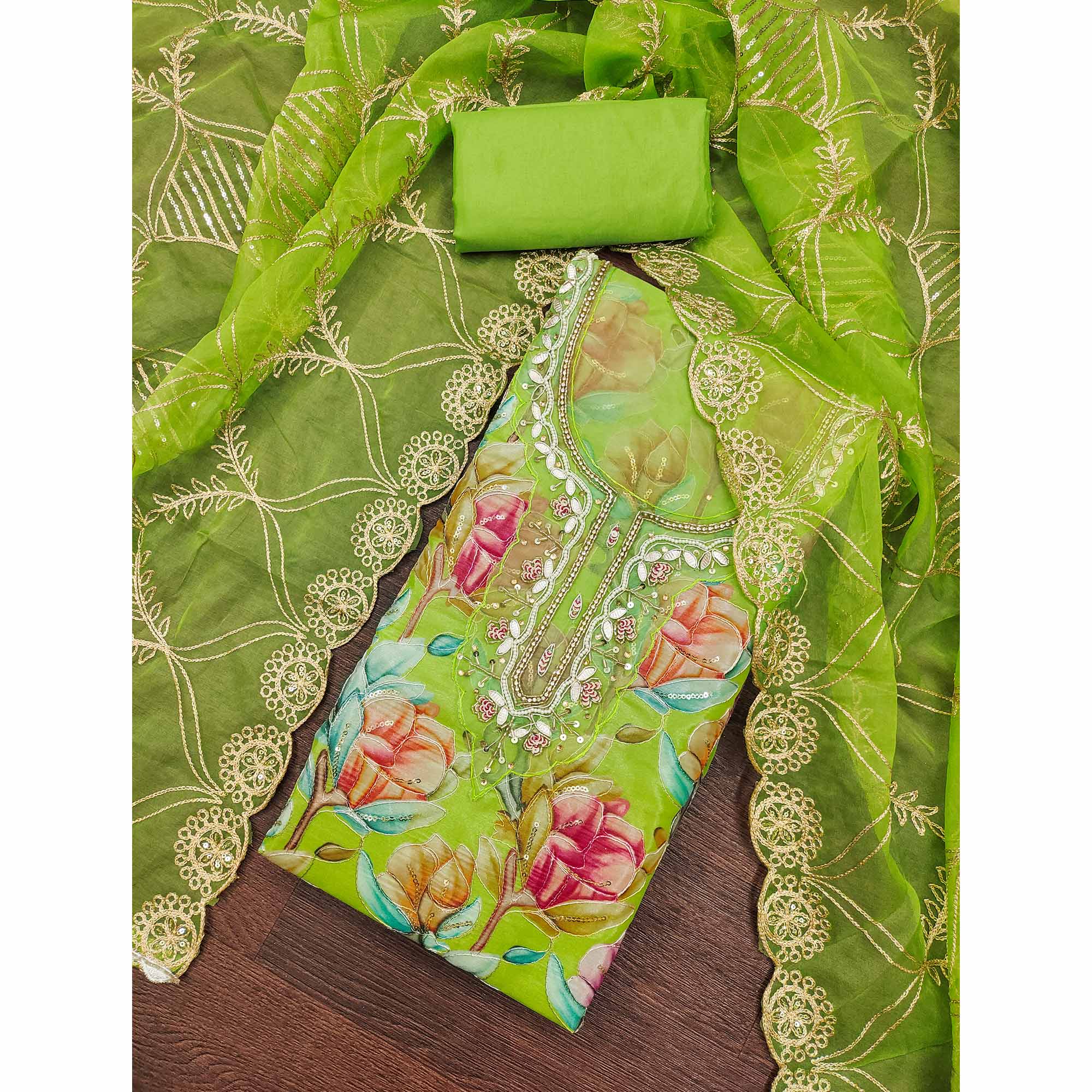 Green Floral Printed Organza Suit Fabric Adorned with Delicate Hand Beads Work - Image 3