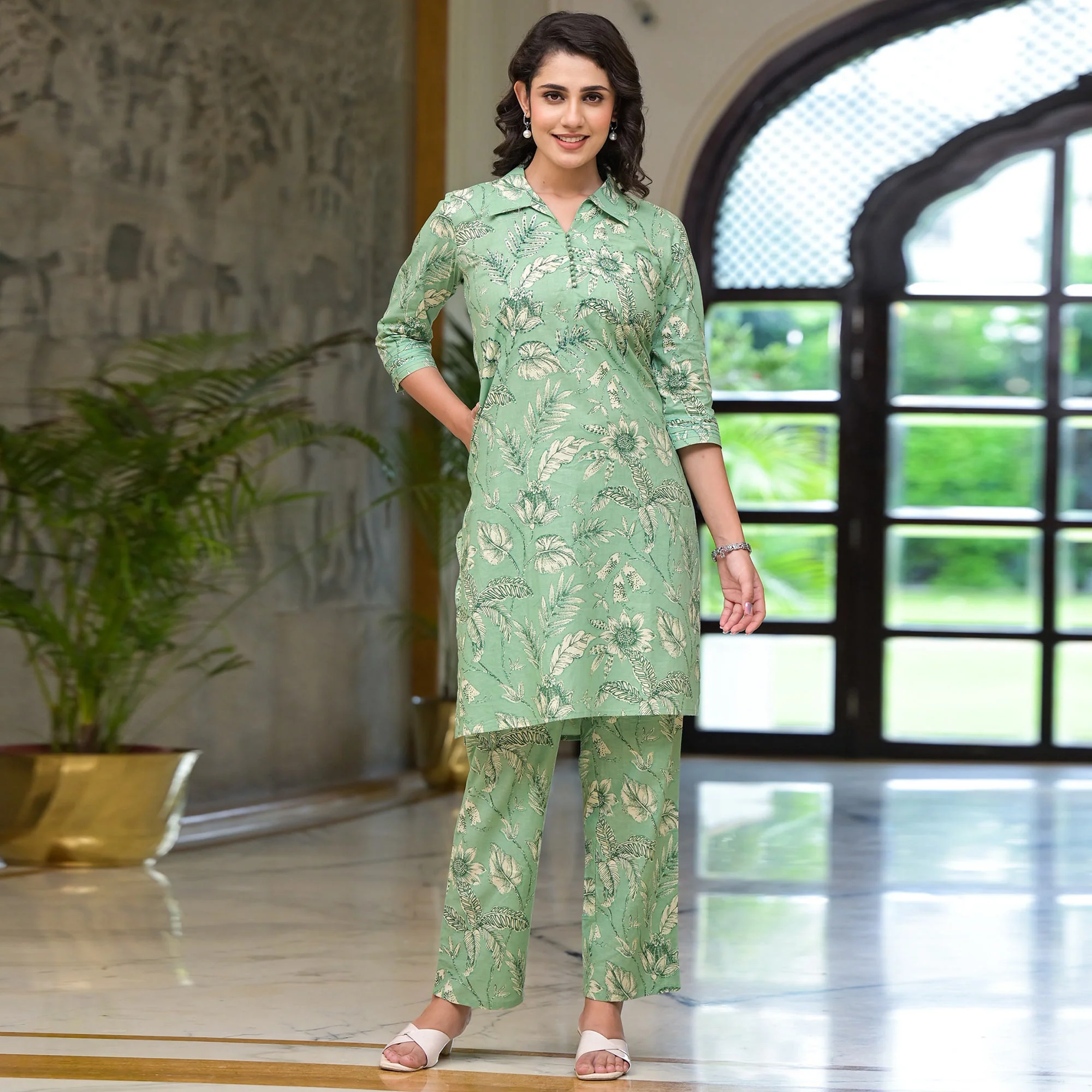 Green Floral Printed Pure Cotton Co-ord Set - Image 2