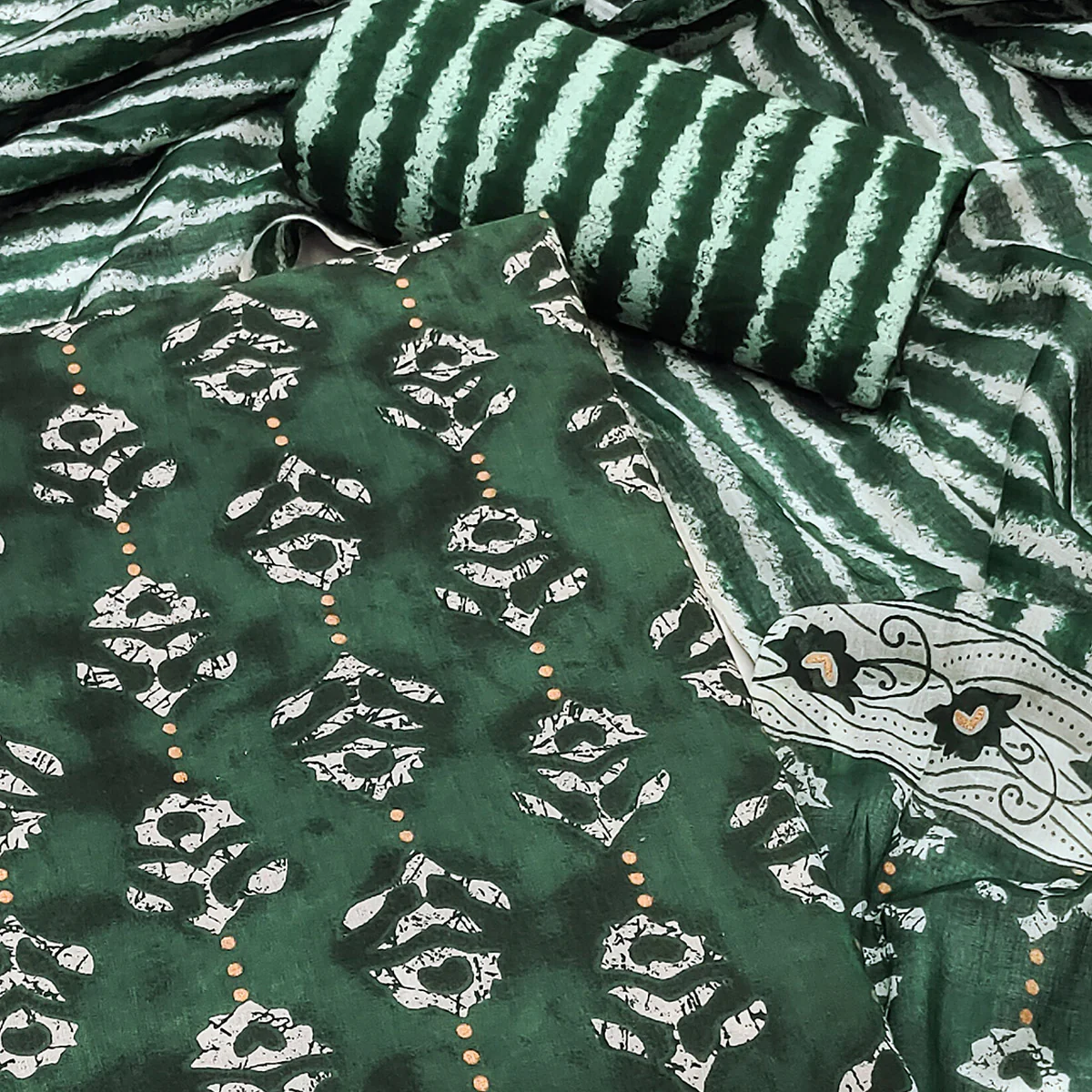 Green Floral Printed Pure Cotton Dress Material - Image 2
