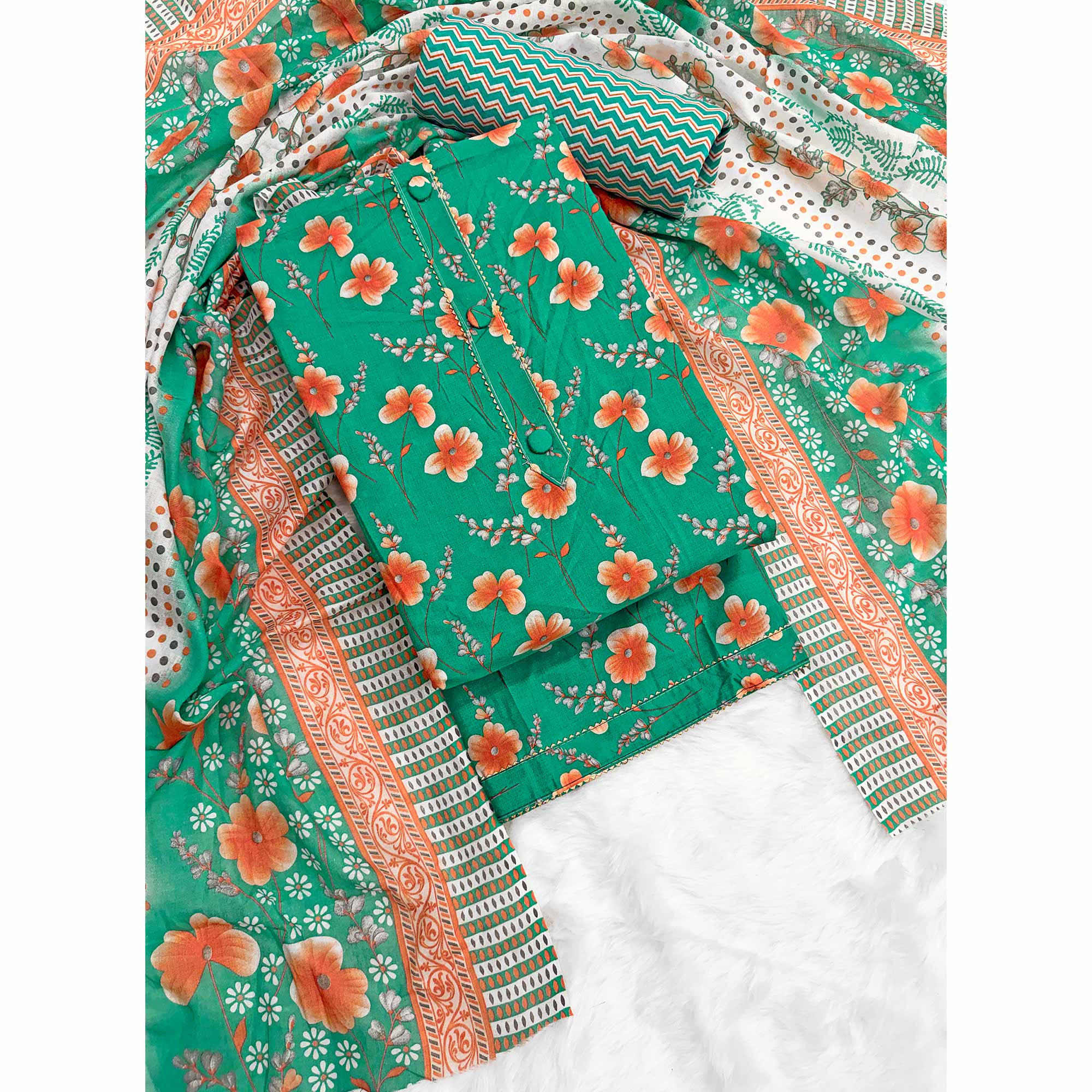 Green Floral Printed Pure Cotton Dress Material With Stylish Tie Neck & Fancy Button Work - Image 3