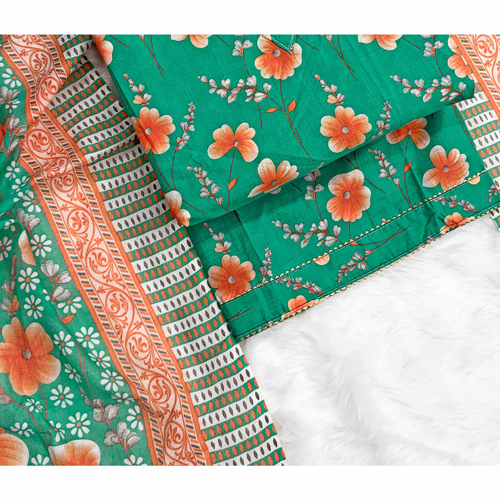 Green Floral Printed Pure Cotton Dress Material With Stylish Tie Neck & Fancy Button Work - Image 5