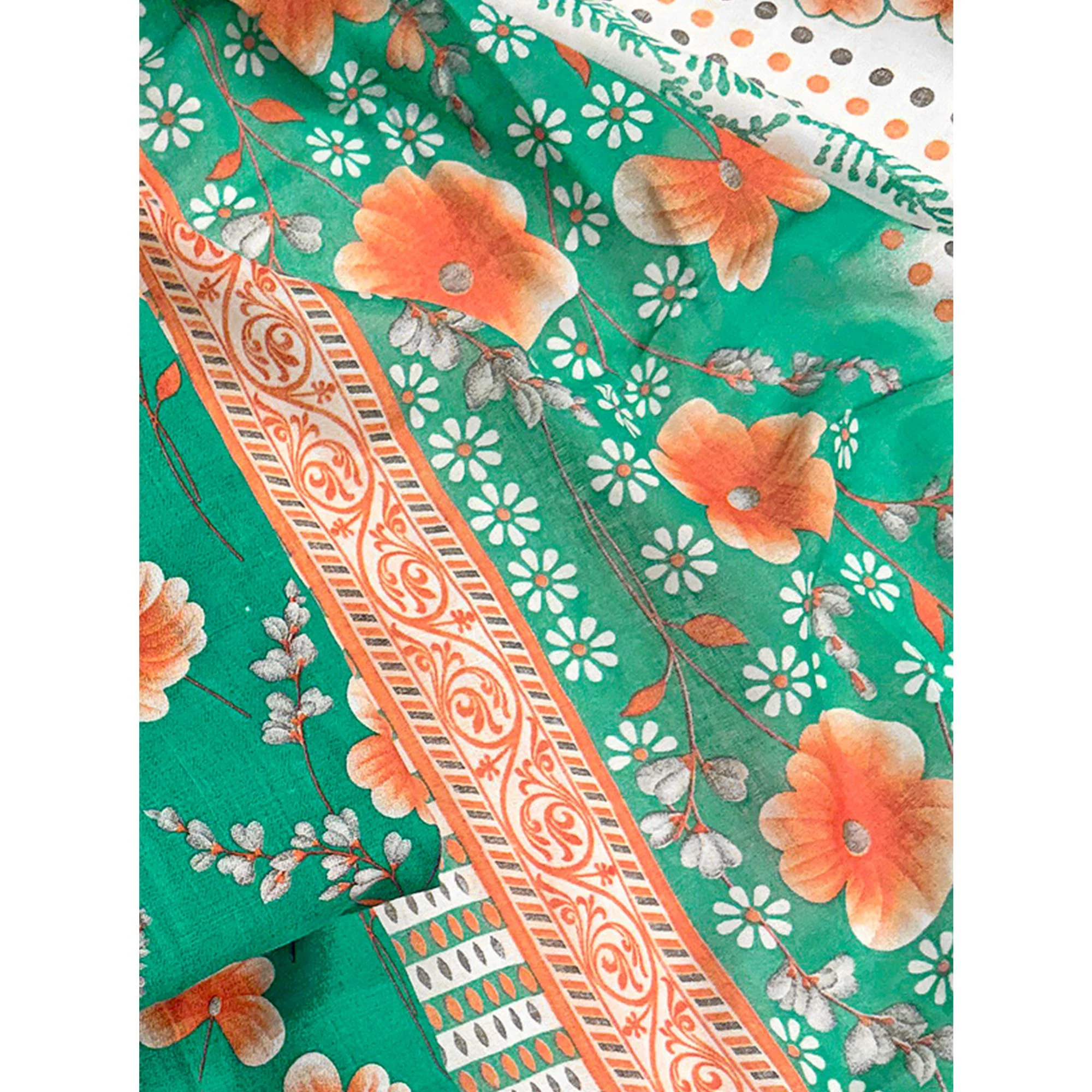 Green Floral Printed Pure Cotton Dress Material With Stylish Tie Neck & Fancy Button Work - Image 6