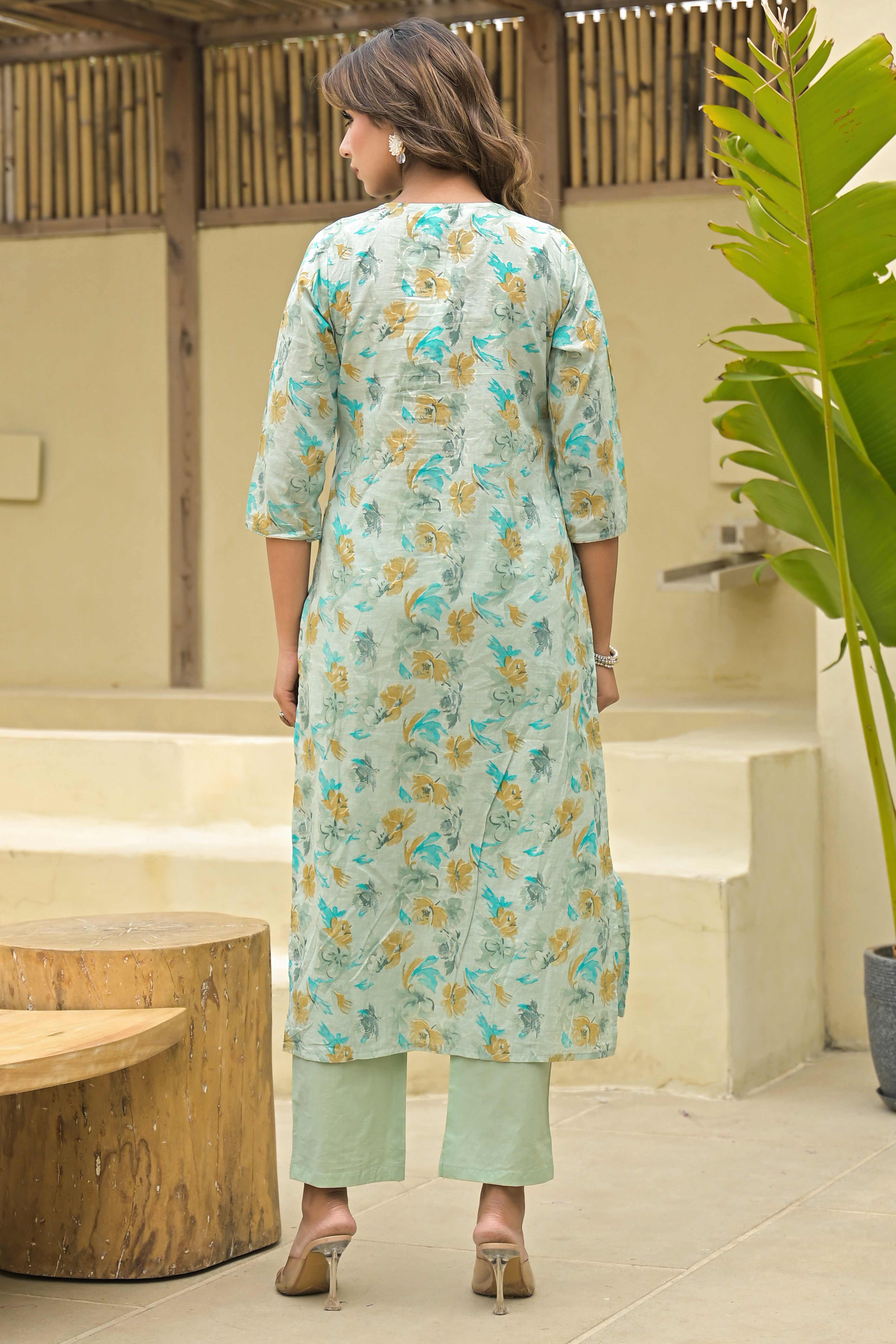 Green Floral Printed Pure Cotton Salwar Suit With Handwork - Image 7