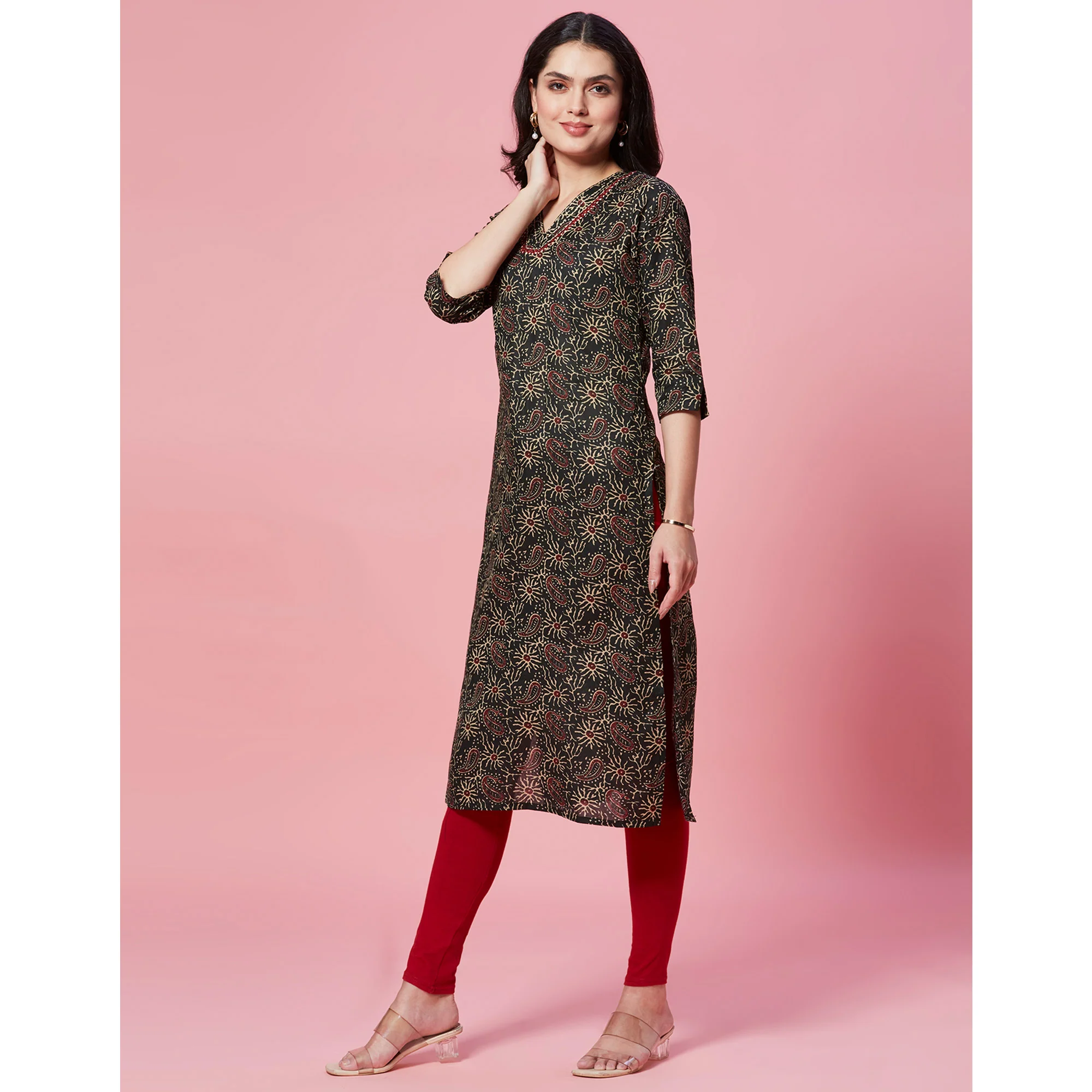 Green Floral Printed Pure Cotton Straight Kurti - Image 4