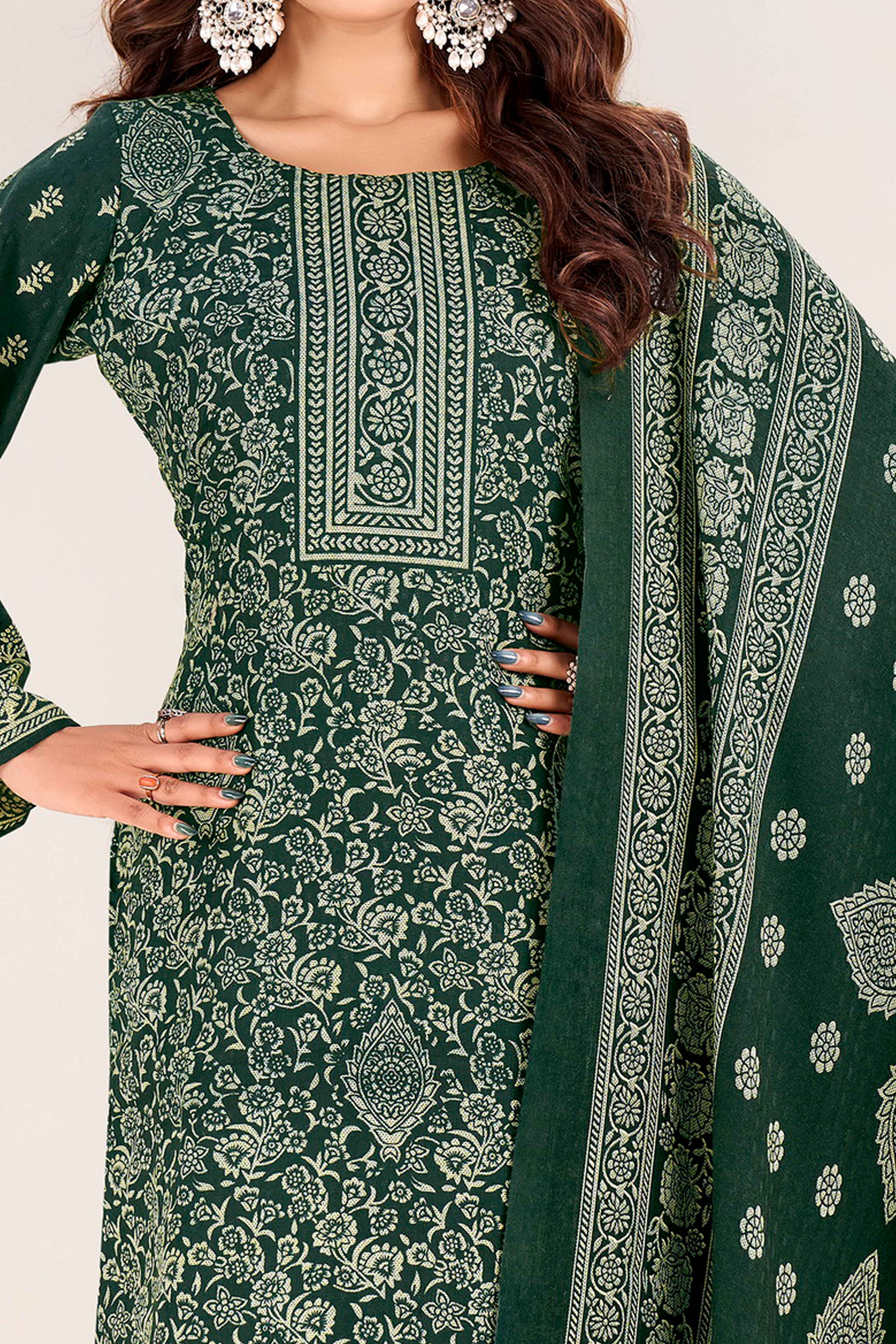Green Floral Printed Pure Pashmina Soft & Warm Dress Material for Winter - Image 2