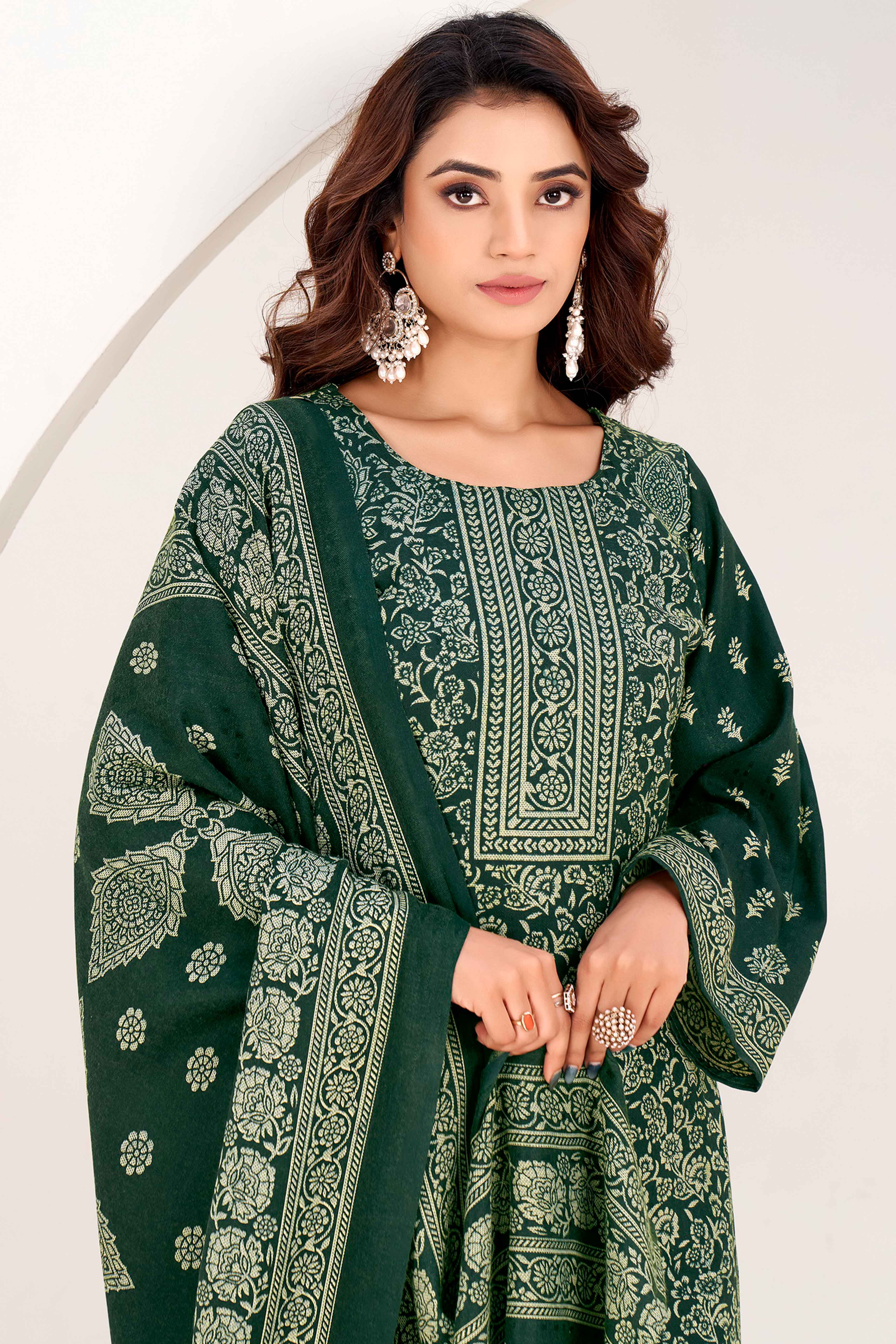 Green Floral Printed Pure Pashmina Soft & Warm Dress Material for Winter - Image 3