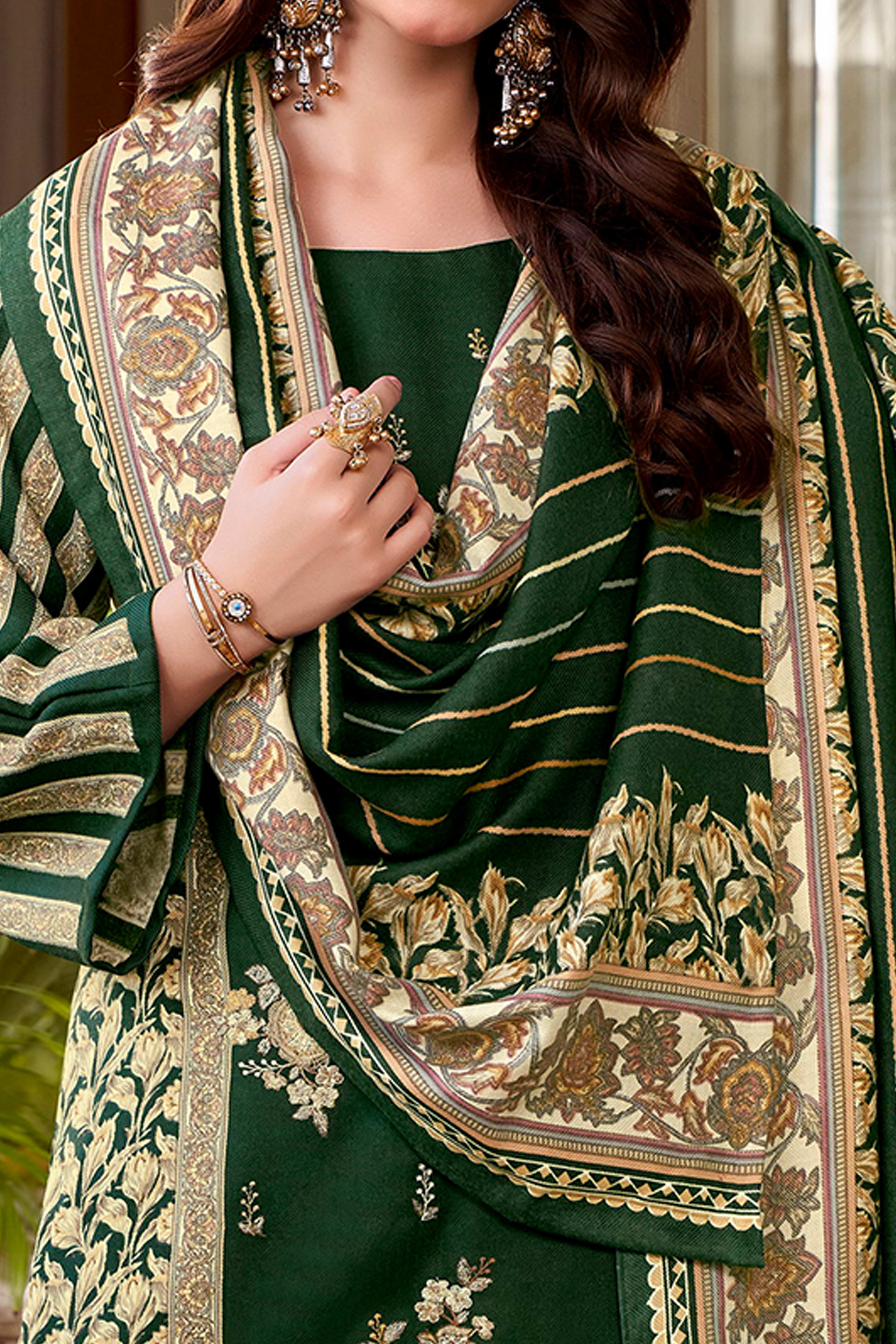 Green Floral Printed Pure Wool Pashmina Suit Material Ideal for Winter Fashion - Image 2