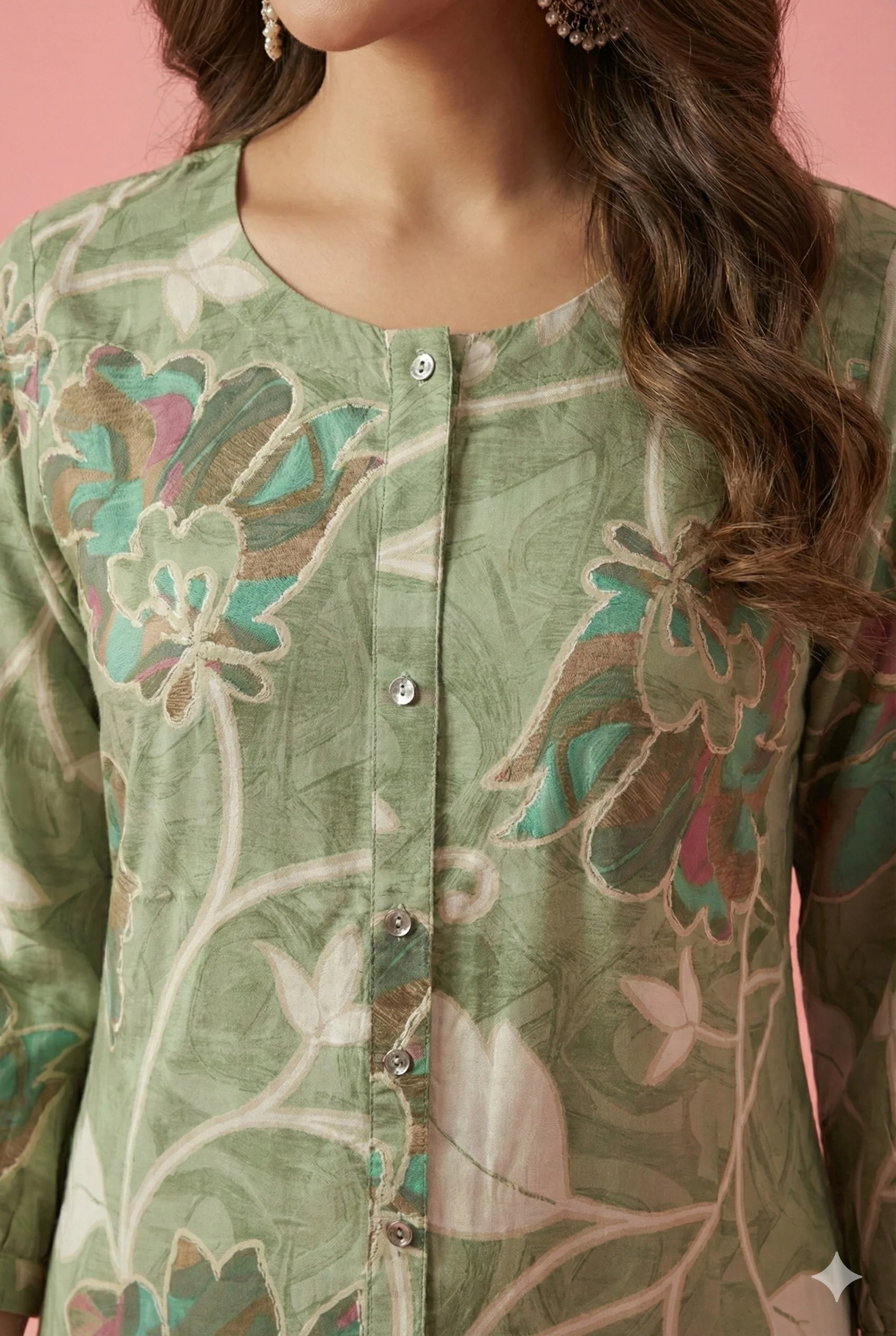 Green Floral Printed Rayon Kurti with Subtle Foil Detailing and A-Line Fit - Image 2