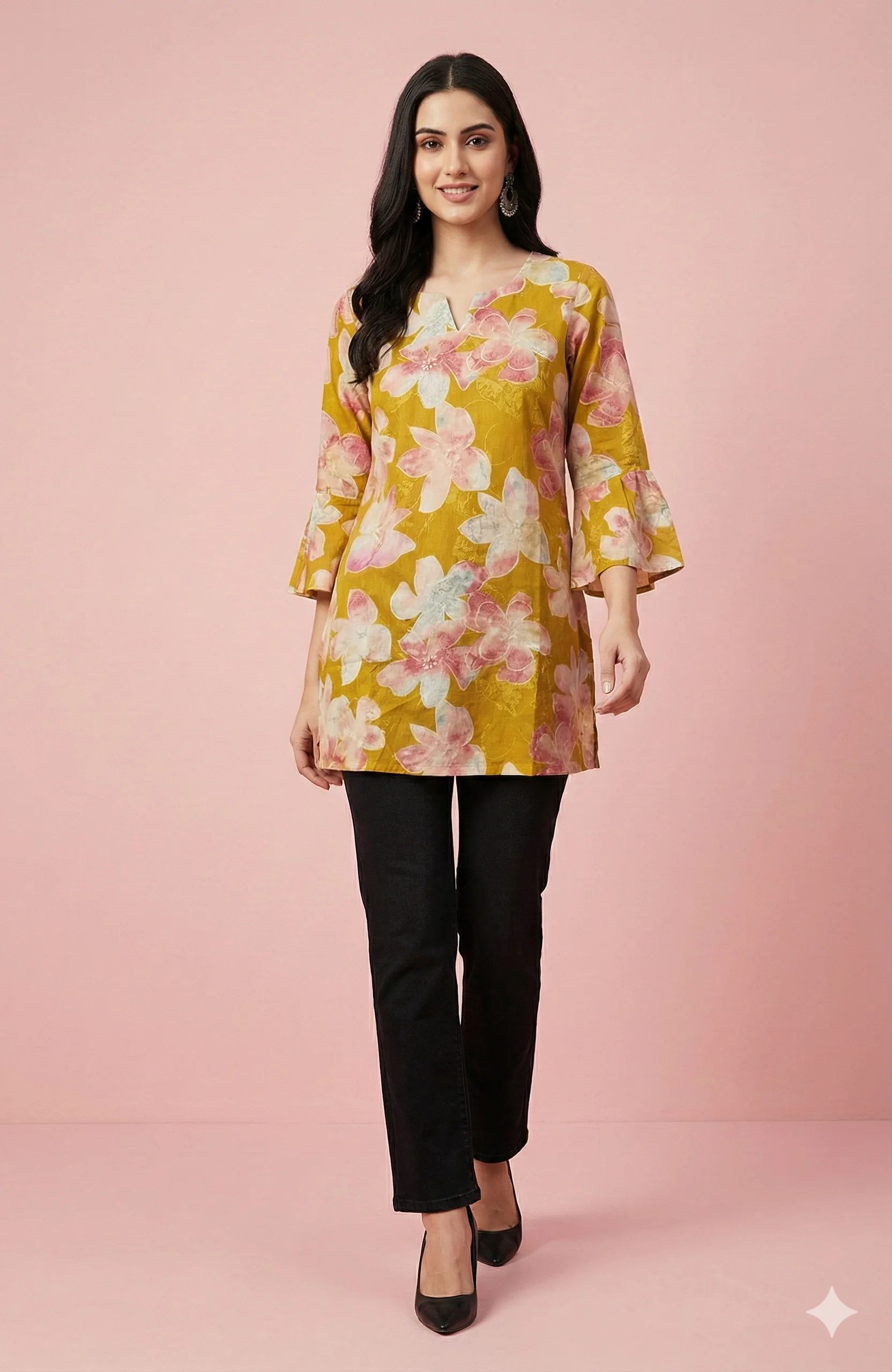 Green Floral Printed Rayon Short Straight Cut Top Designed for Effortless Everyday Style - Image 6