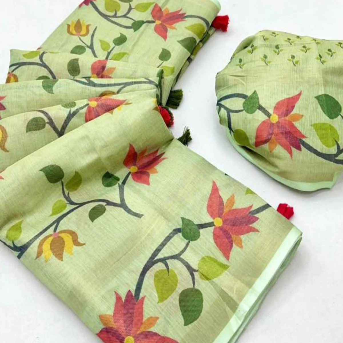 Green Floral Printed Tissue Cotton Silk Saree Enhanced with a Classic Zari Weaving Border - Image 2