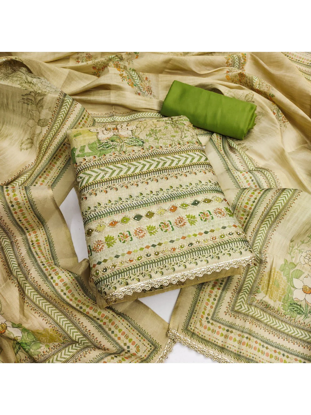 Green Floral Printed Viscose Dress Material with Dupatta - Image 4