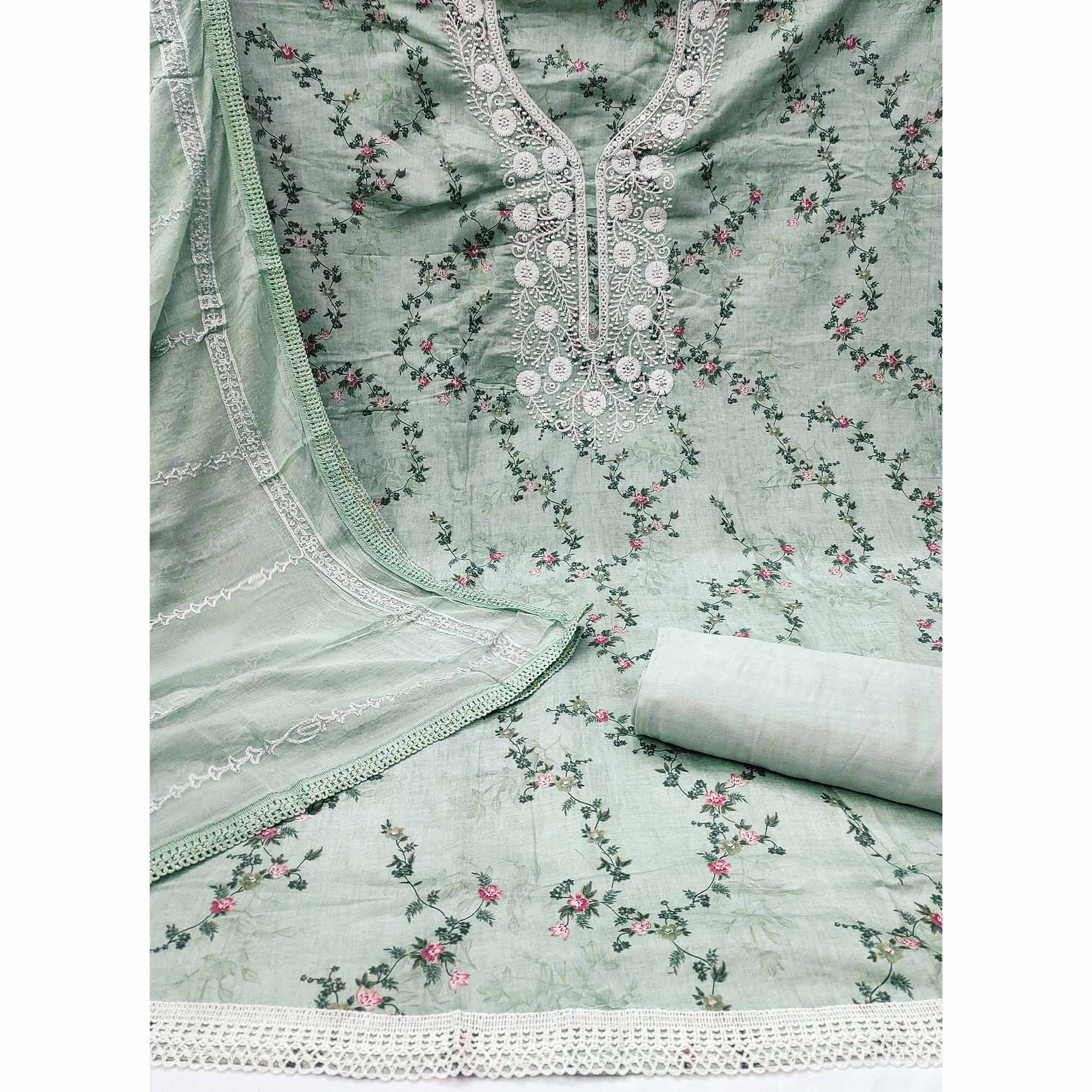 Green Floral Printed With Embroidery Pure Cotton Dress Material - Image 3