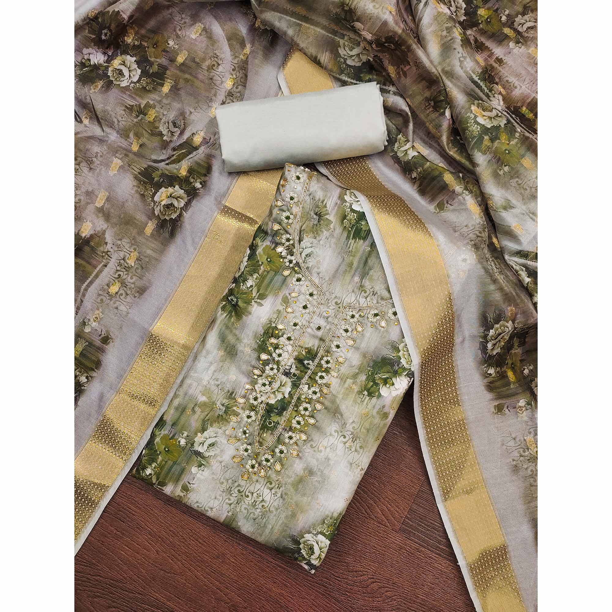 Green Floral Printed With Handwork Muslin Dress Material - Image 3