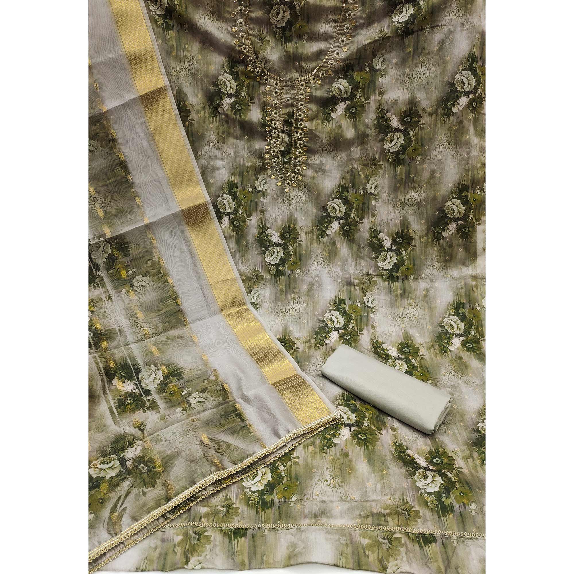 Green Floral Printed With Handwork Muslin Dress Material - Image 4