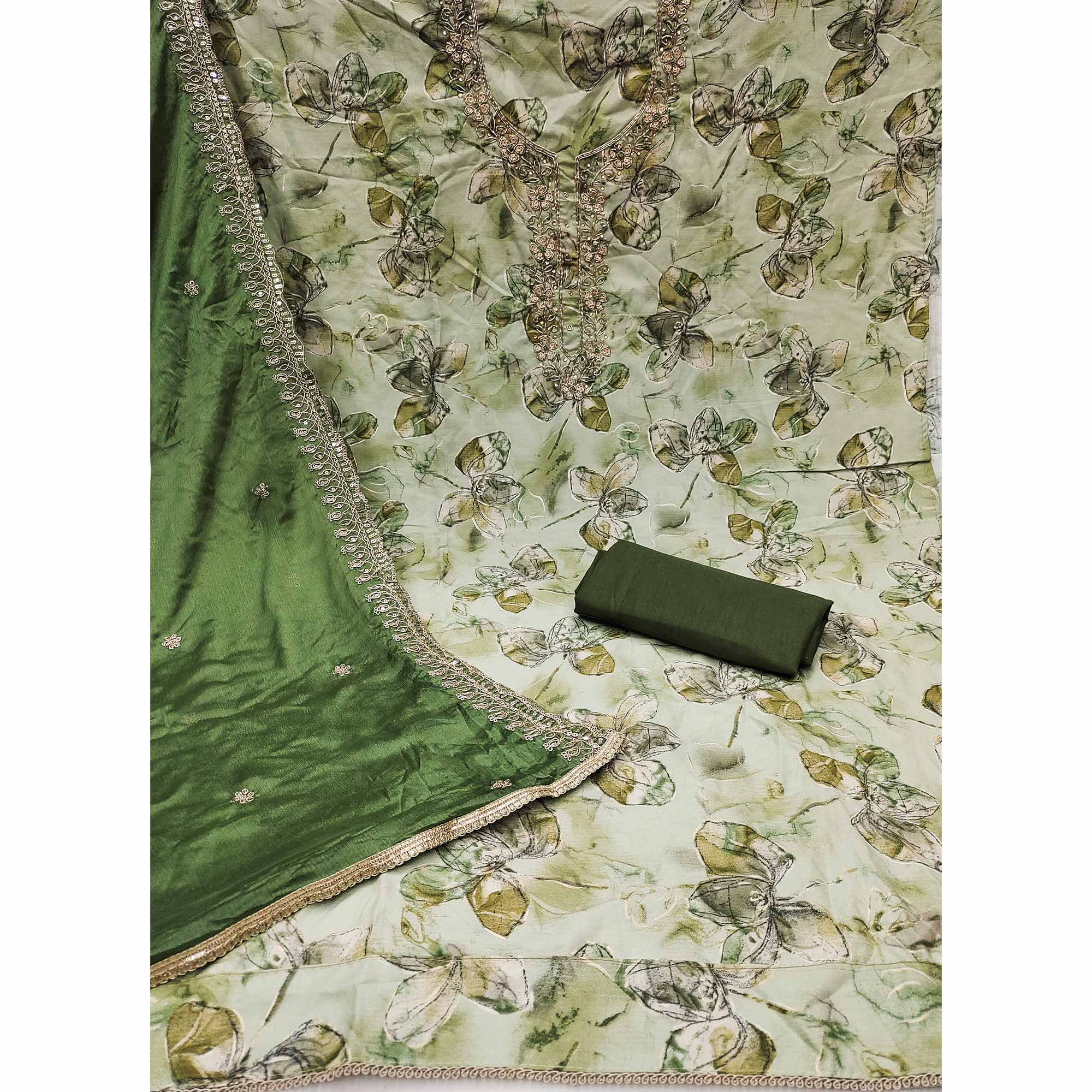 Green Floral Printed With Handwork Pure Cotton Dress Material - Image 4