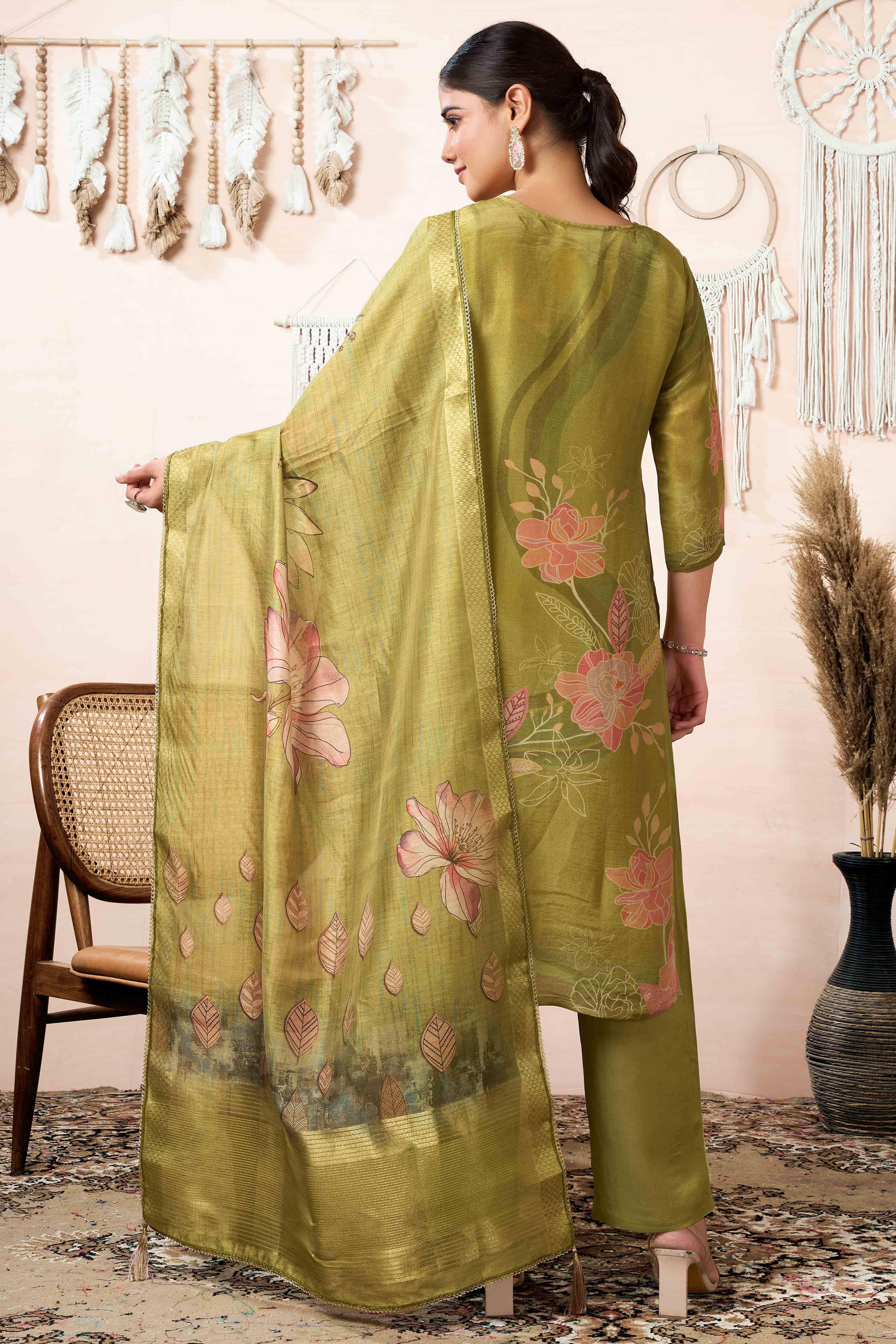 Green Floral Printed With Handwork Shimmer Organza Straight Salwar Suit - Image 4