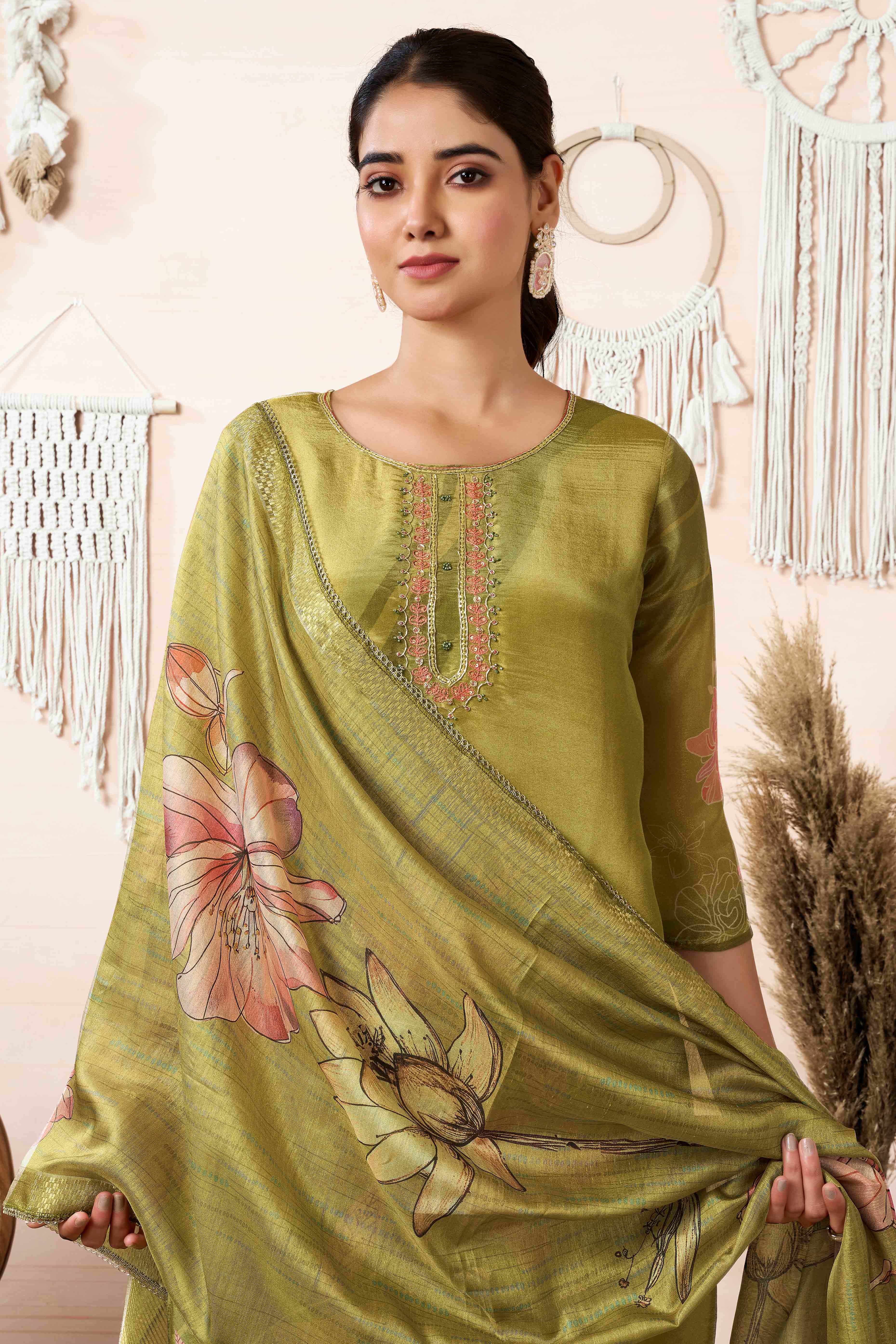Green Floral Printed With Handwork Shimmer Organza Straight Salwar Suit - Image 5