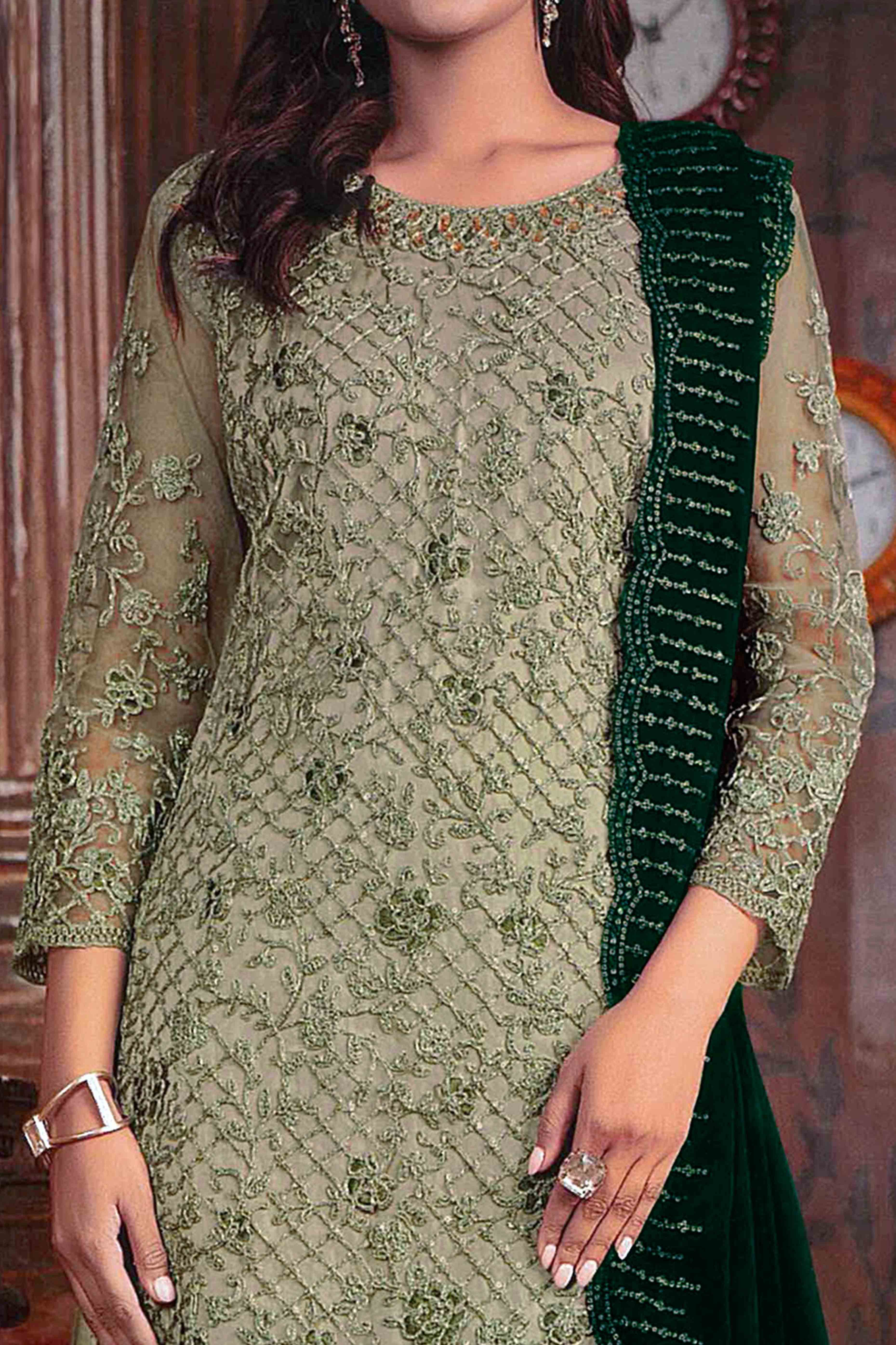 Green Floral Sequins & Codding Embroidered Net Semi Stitched Suit - Image 2