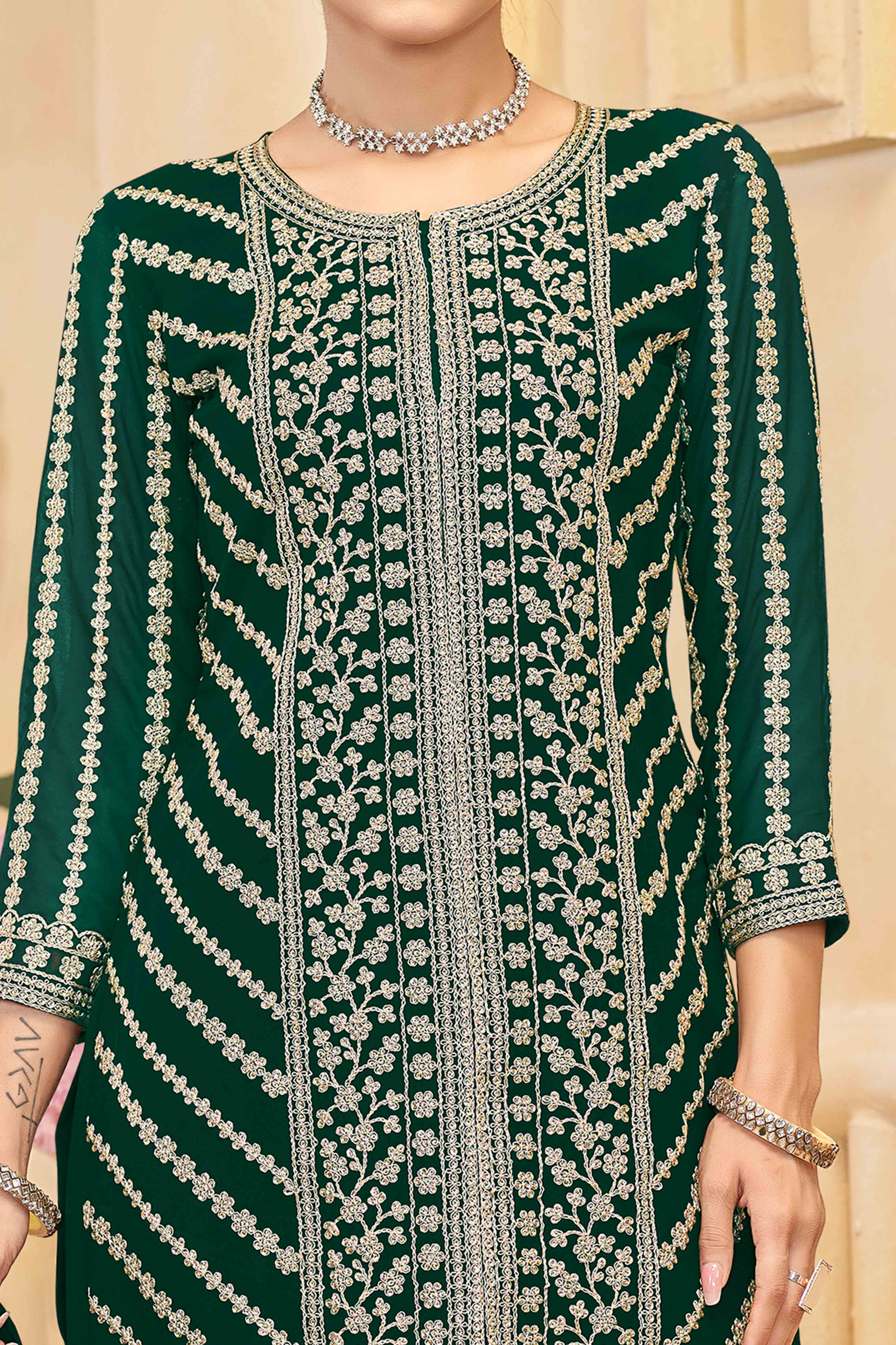 Green Georgette Palazzo Suit Adorned With Floral Sequins & Cording Embroidery - Image 2