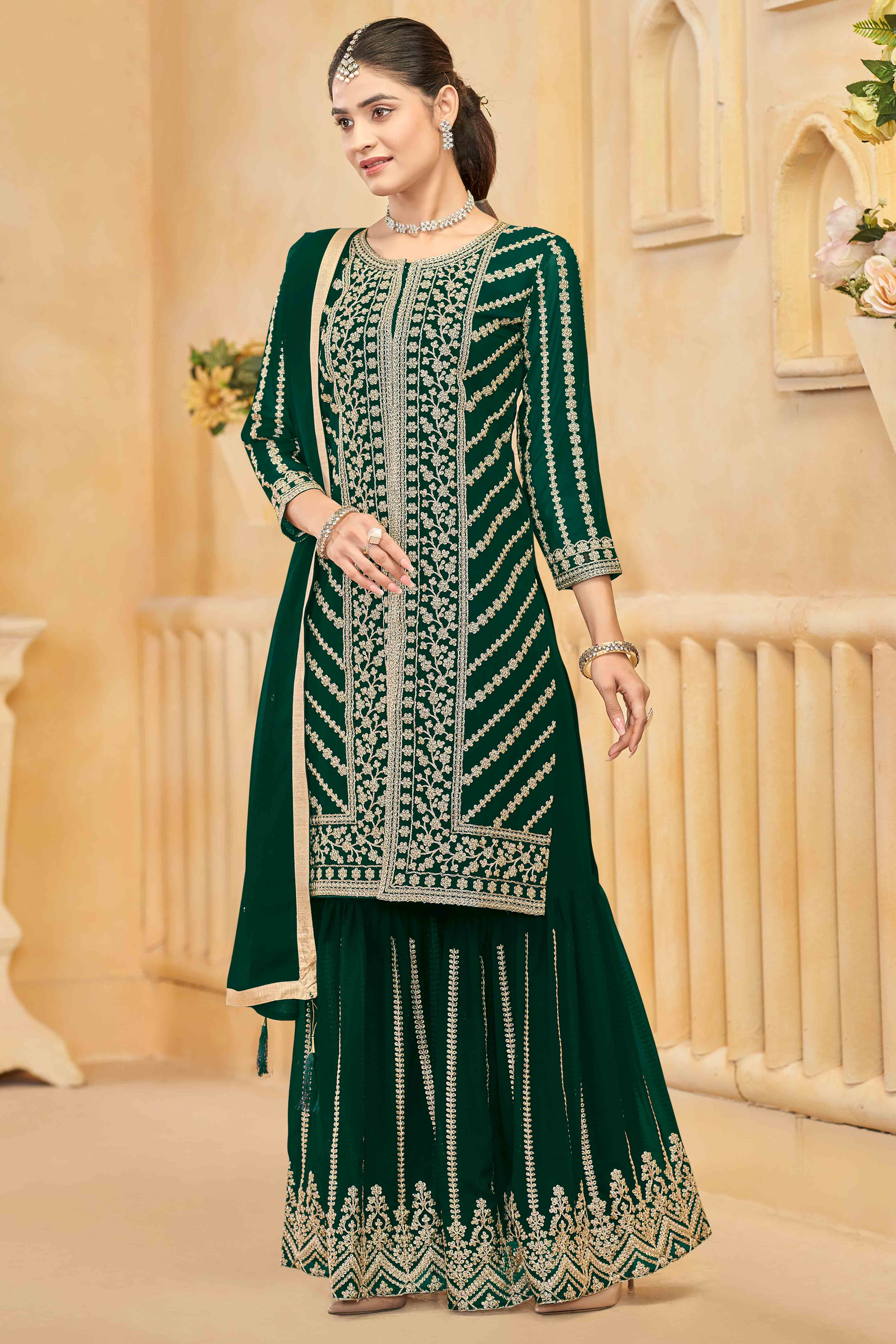 Green Georgette Palazzo Suit Adorned With Floral Sequins & Cording Embroidery - Image 3