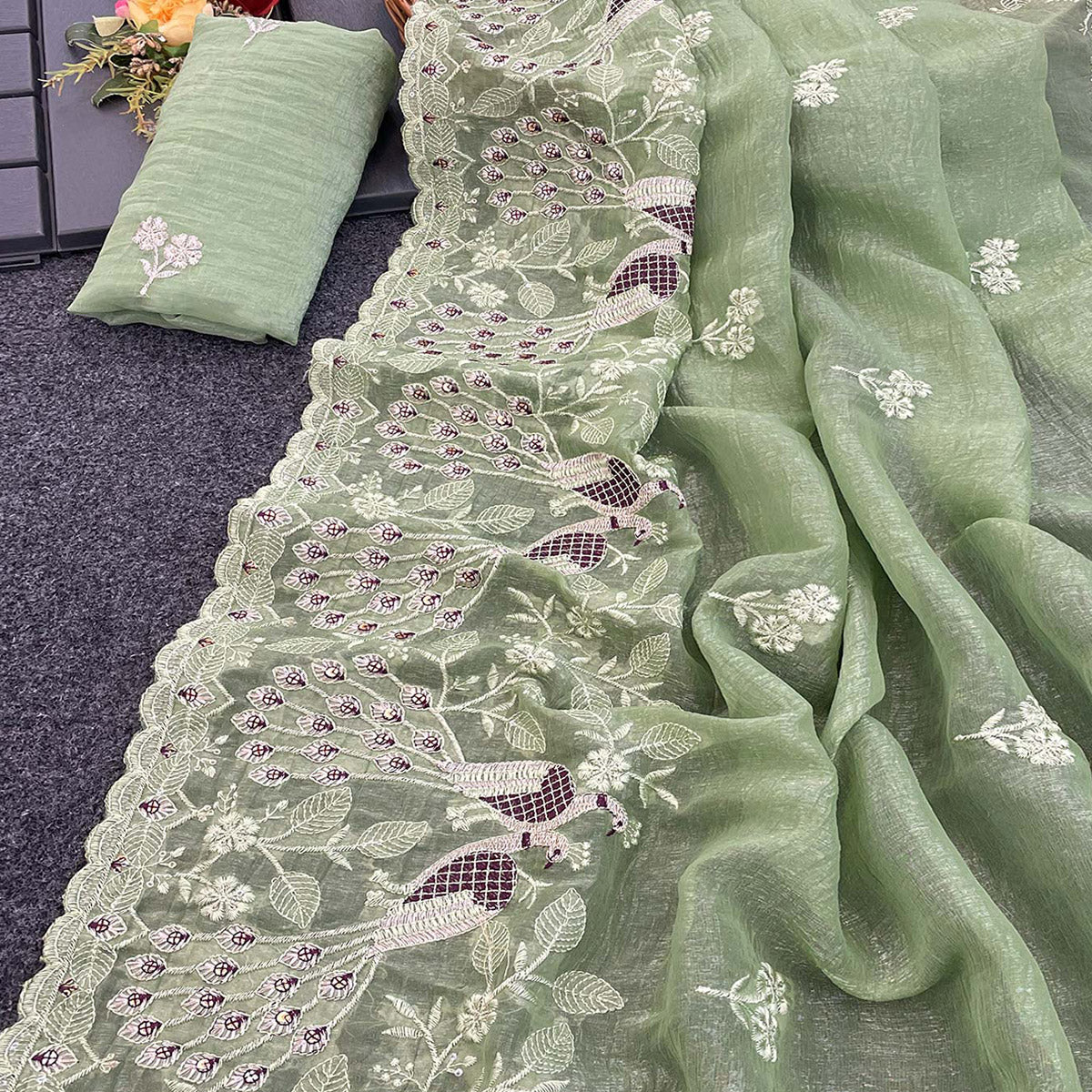 Green Floral Sequins Embroidered Art Silk Crush Saree - Image 2