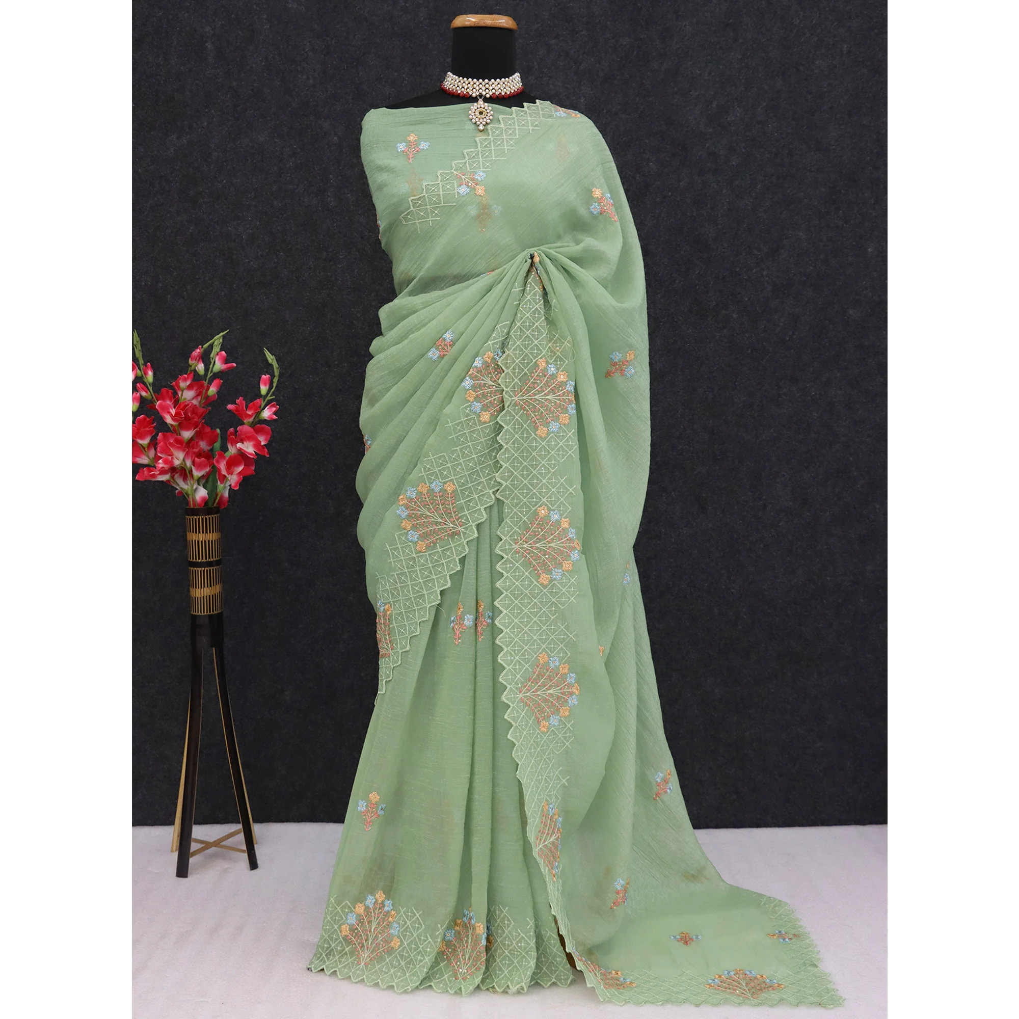 Green Floral Sequins Embroidered Art Silk Crush Saree - Image 6