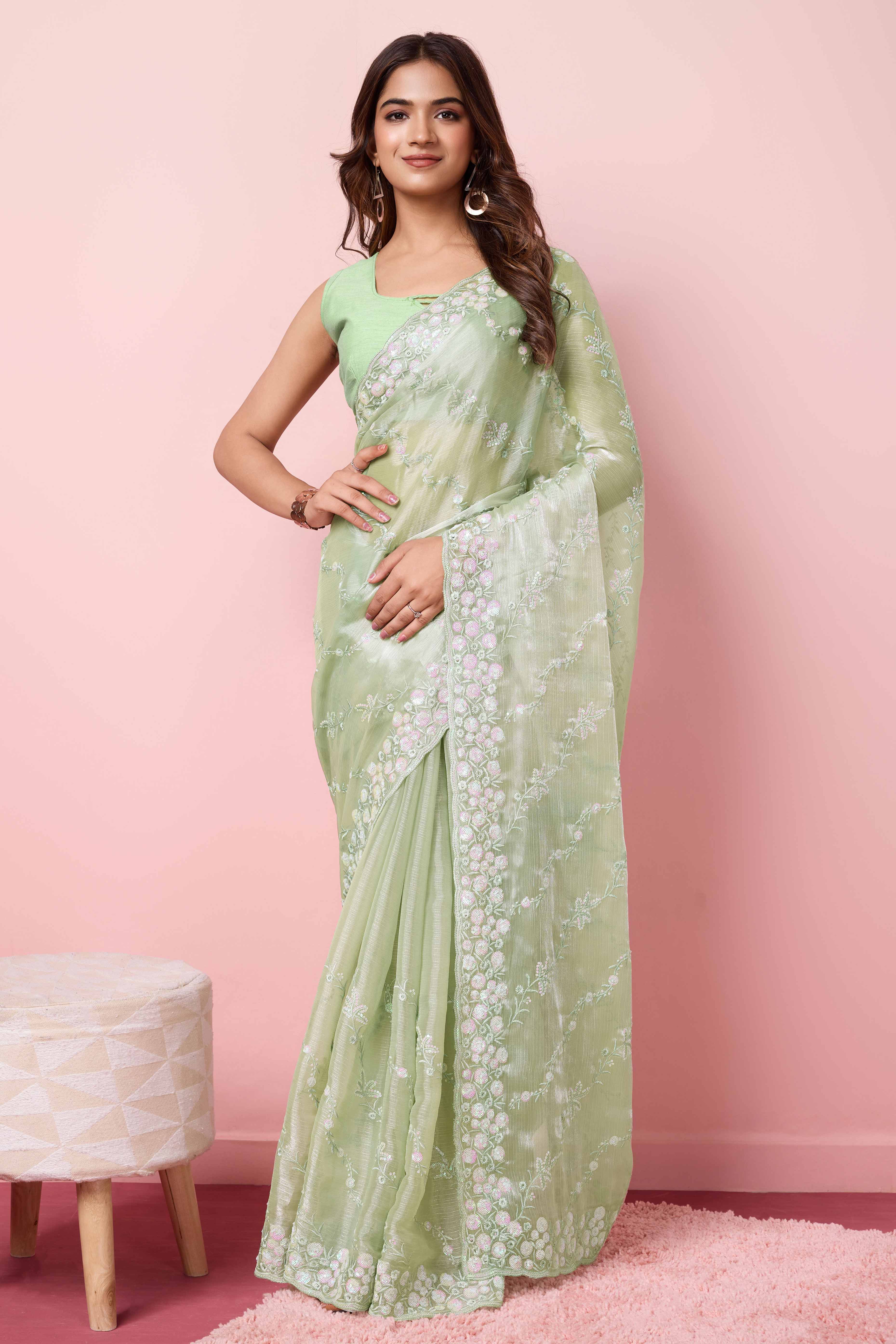 Green Floral Sequins Embroidered Burberry Silk Saree - Image 3