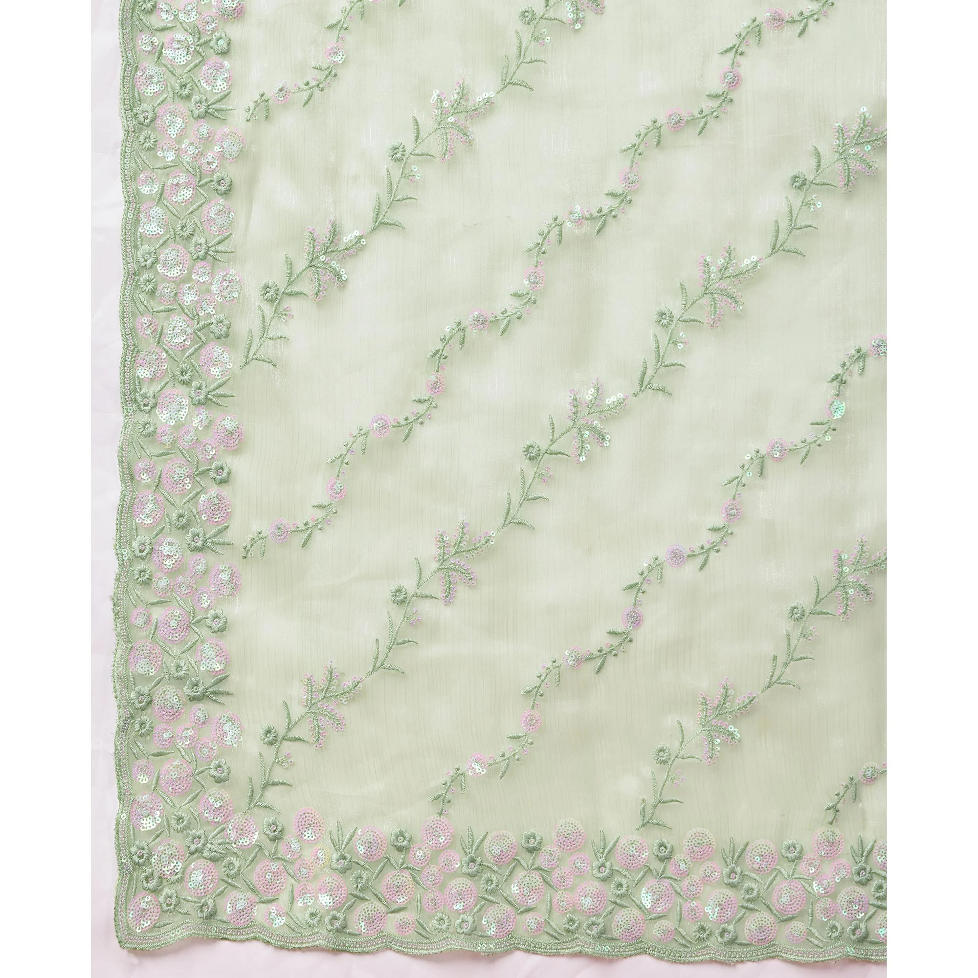 Green Floral Sequins Embroidered Burberry Silk Saree - Image 8