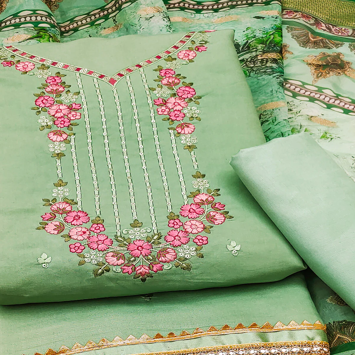 Green Floral Sequins Embroidered Chanderi Silk Dress Material - Image 2