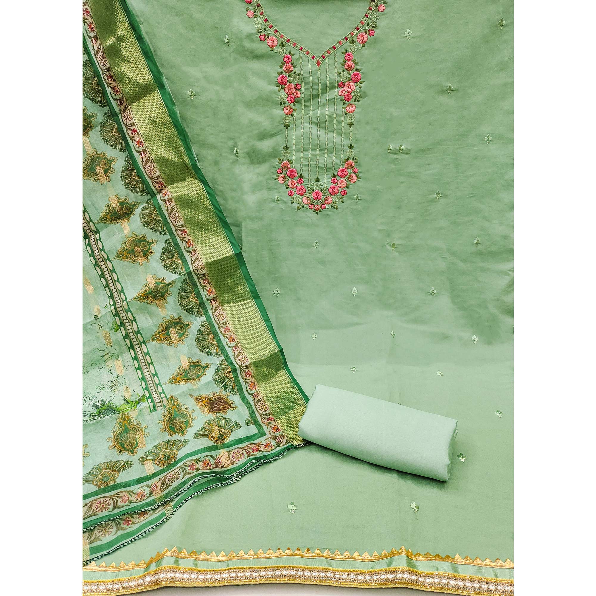 Green Floral Sequins Embroidered Chanderi Silk Dress Material - Image 4