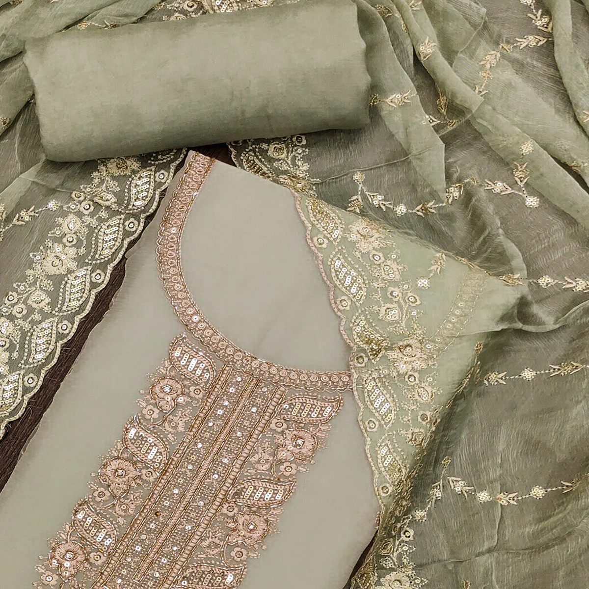 Green Floral Sequins Embroidered Chiffon Dress Material - Image 2