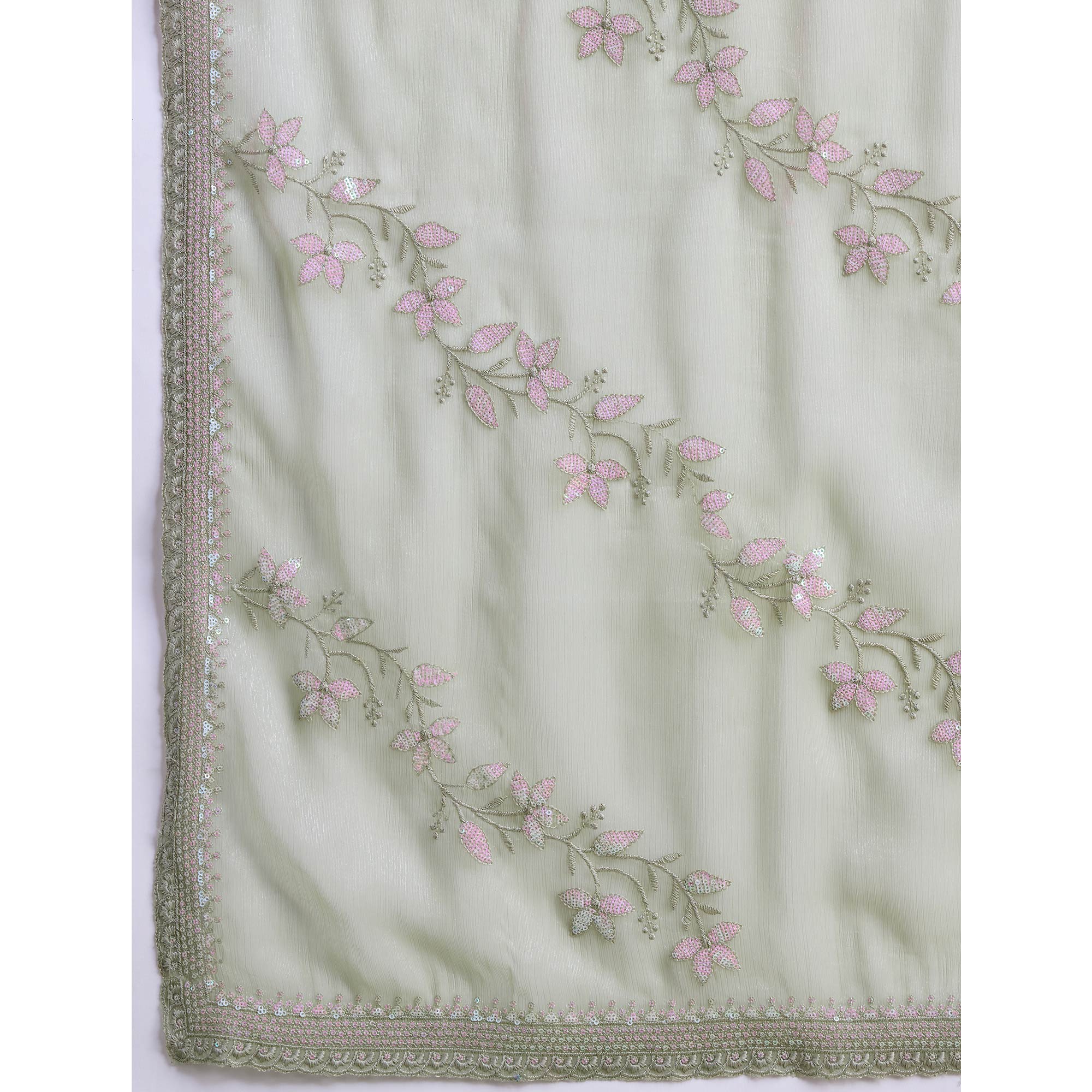 Green Floral Sequins Embroidered Chiffon Saree - Image 8
