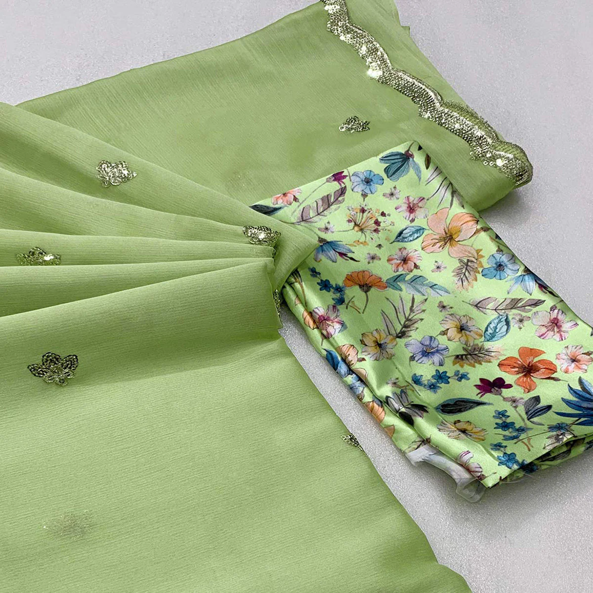 Green Floral Sequins Embroidered Chiffon Saree - Image 2