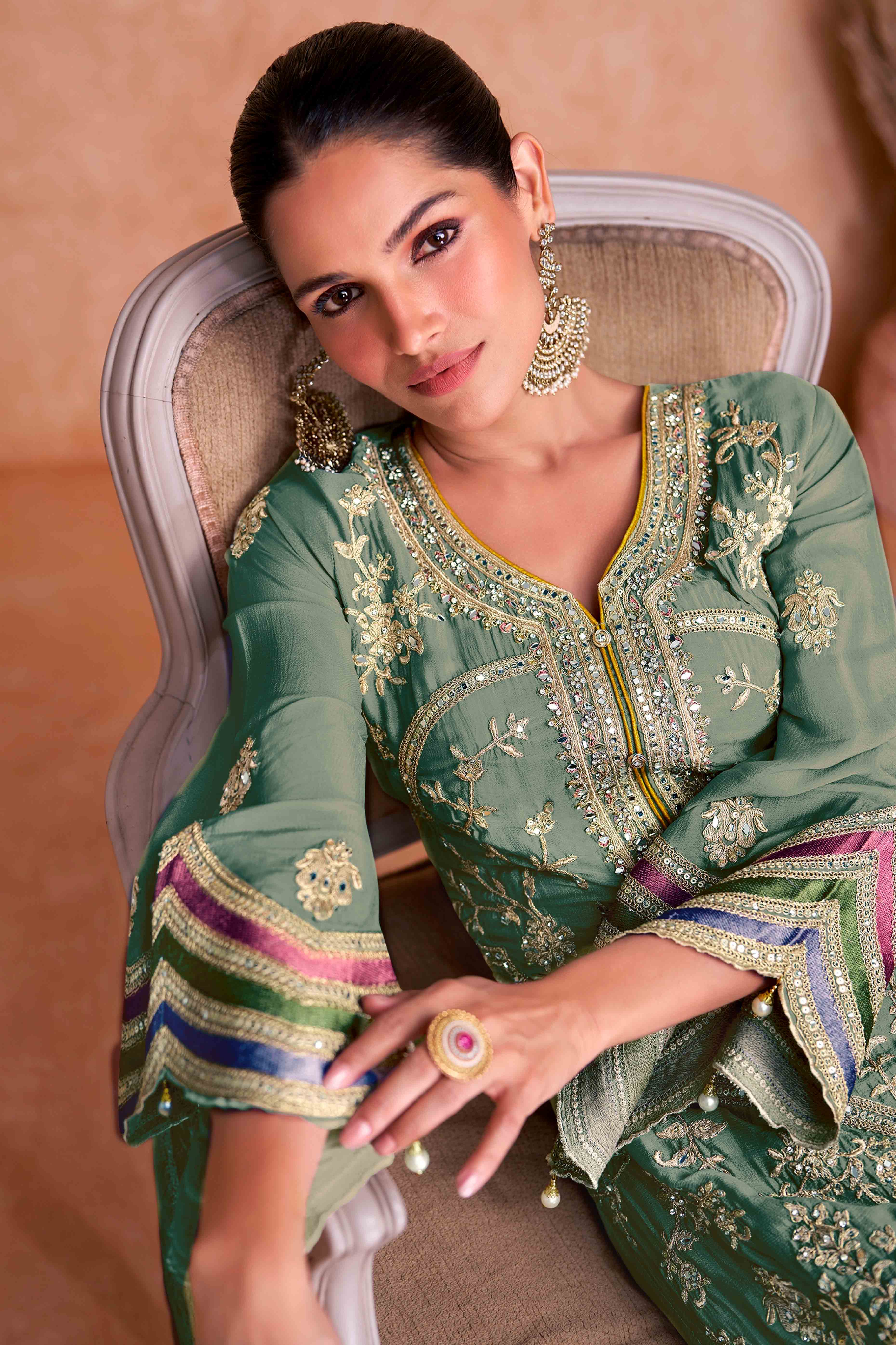 Green Floral Sequins Embroidered Chinon Palazzo Suit - Image 3