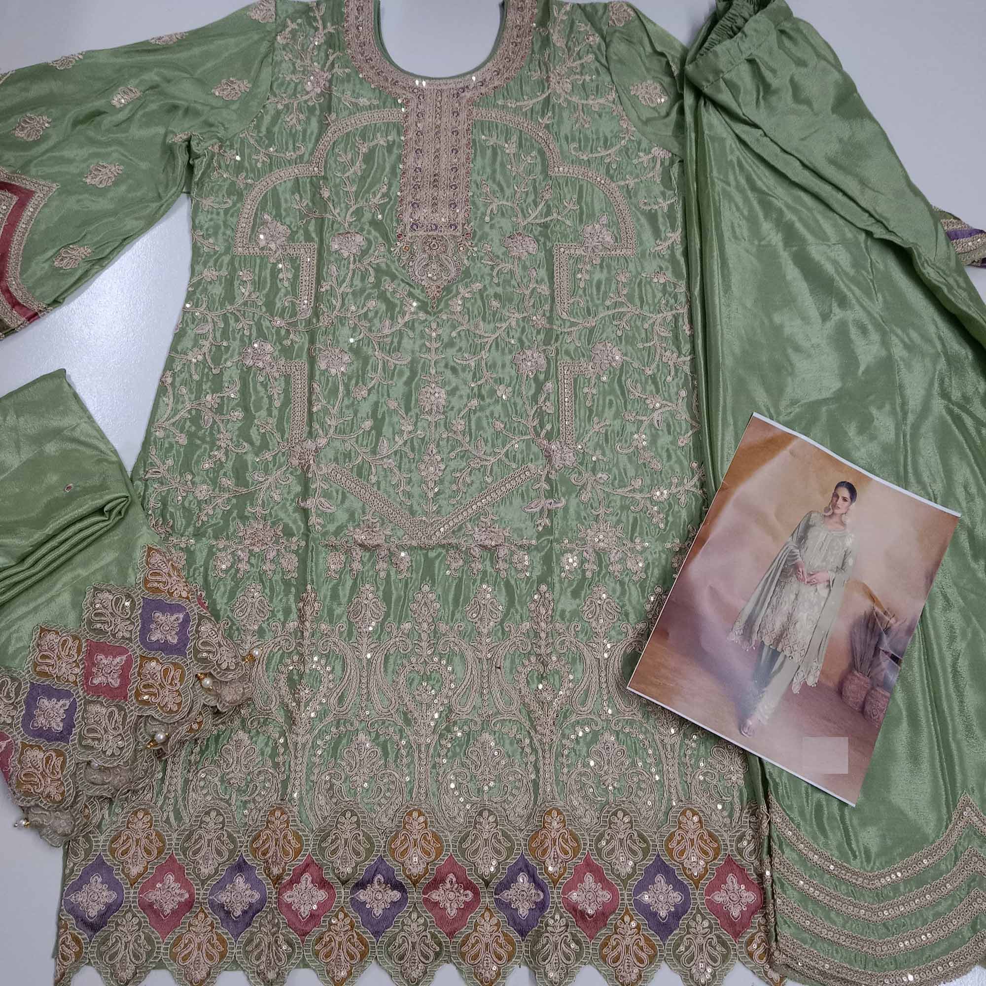 Green Floral Sequins Embroidered Chinon Palazzo Suit - Image 4