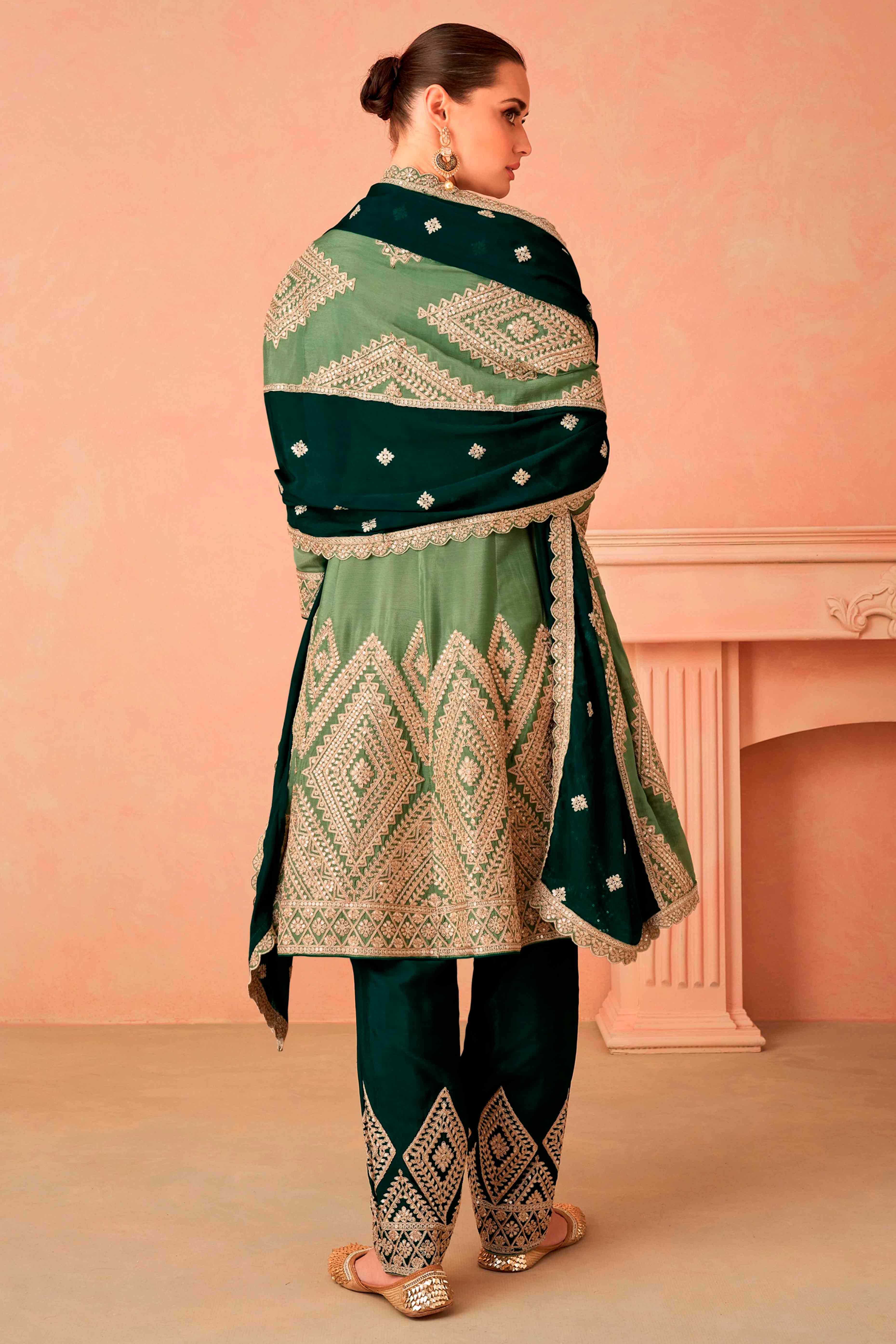 Green Floral Sequins Embroidered Chinon Suit - Image 3