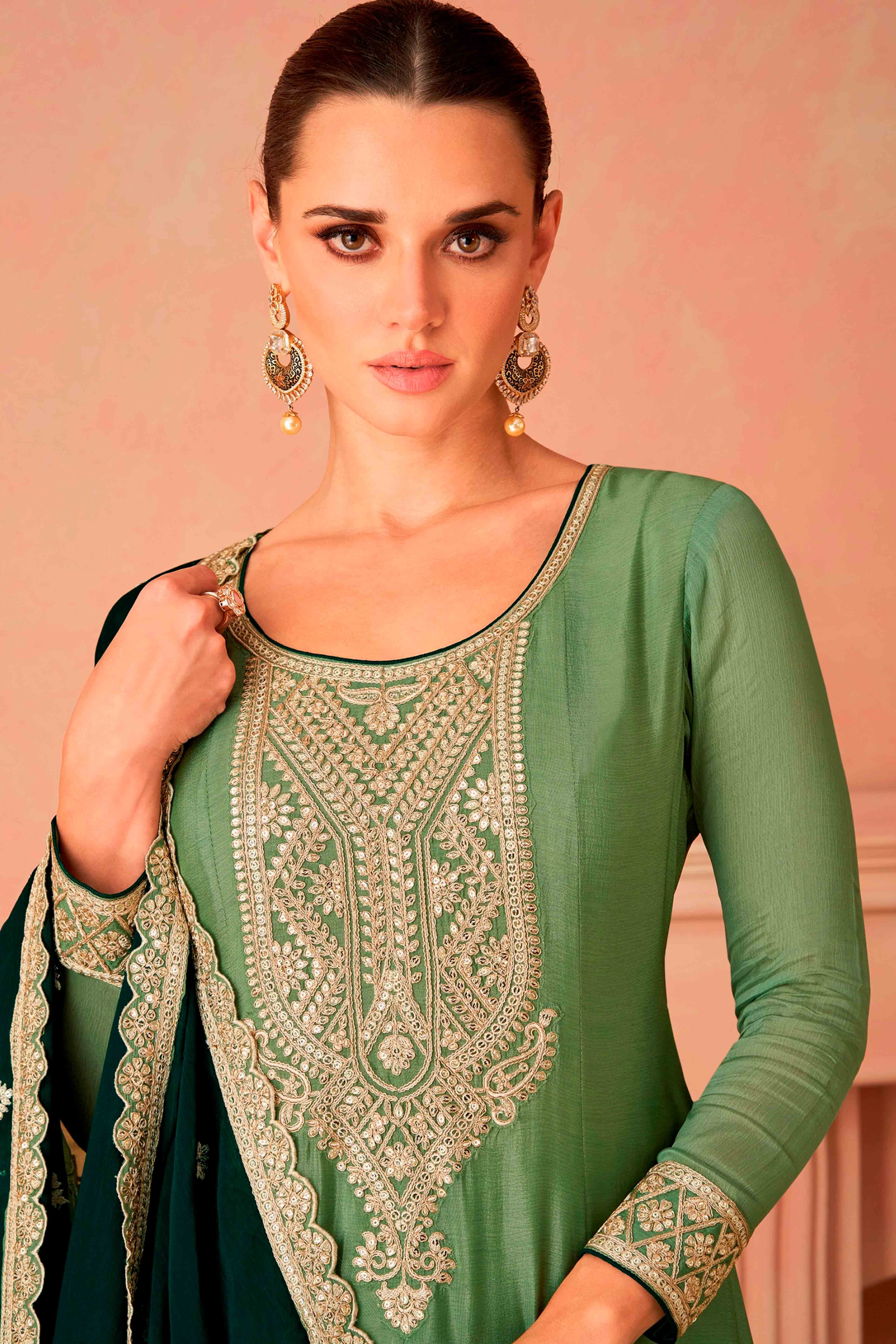 Green Floral Sequins Embroidered Chinon Suit - Image 4