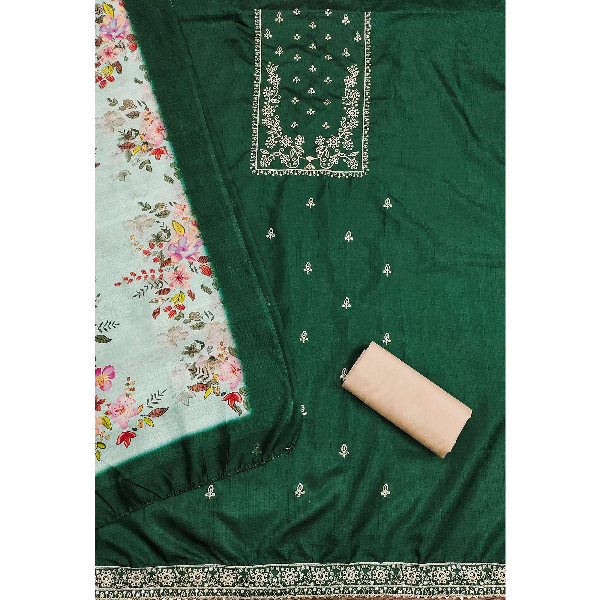 Green Floral Sequins Embroidered Cotton Blend Dress Material - Image 4