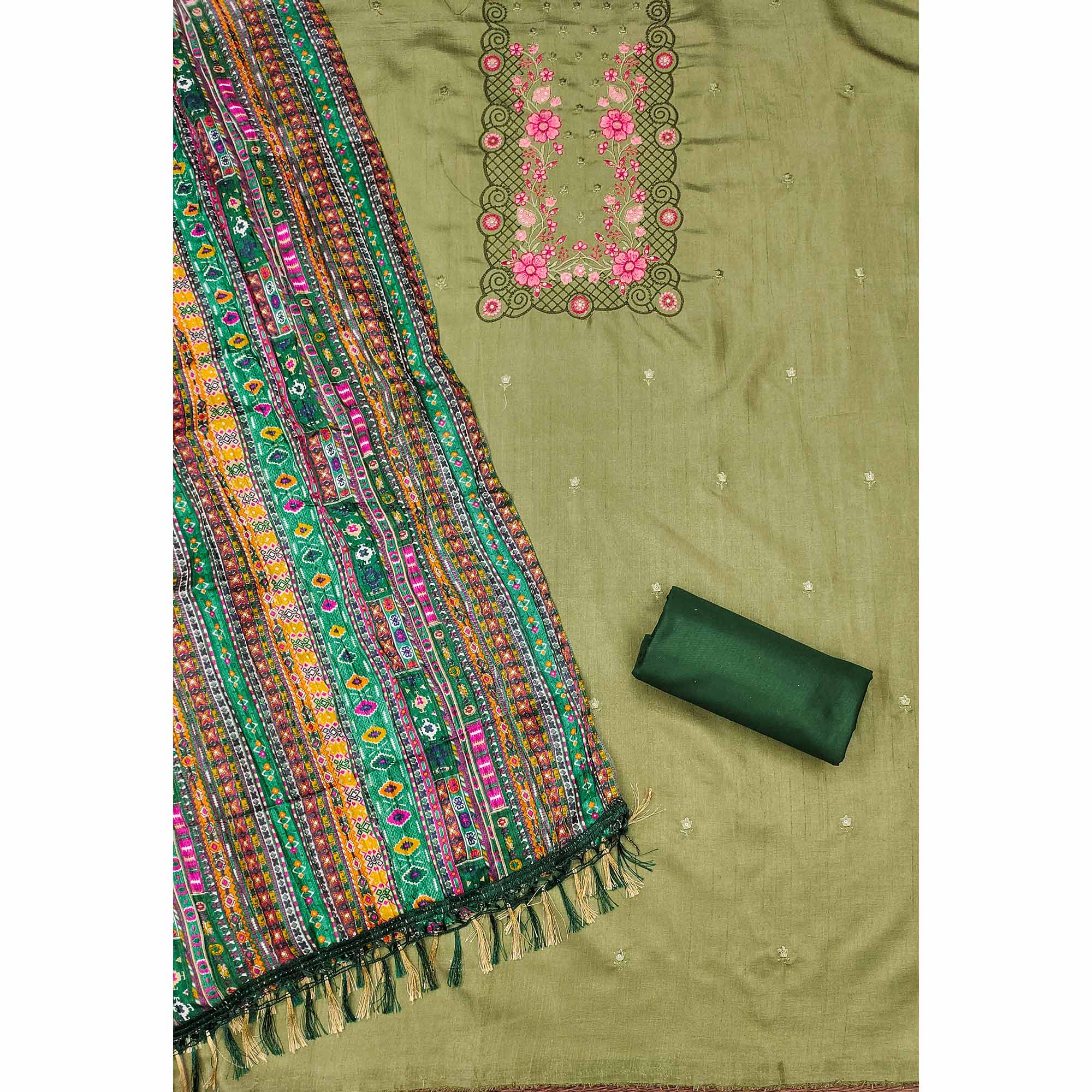 Green Floral Sequins Embroidered Cotton Silk Dress Material - Image 4