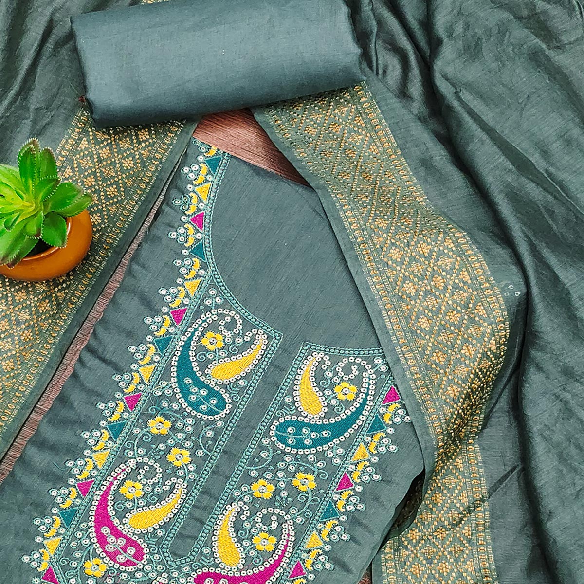 Green Floral Sequins Embroidered Cotton Silk Dress Material - Image 2
