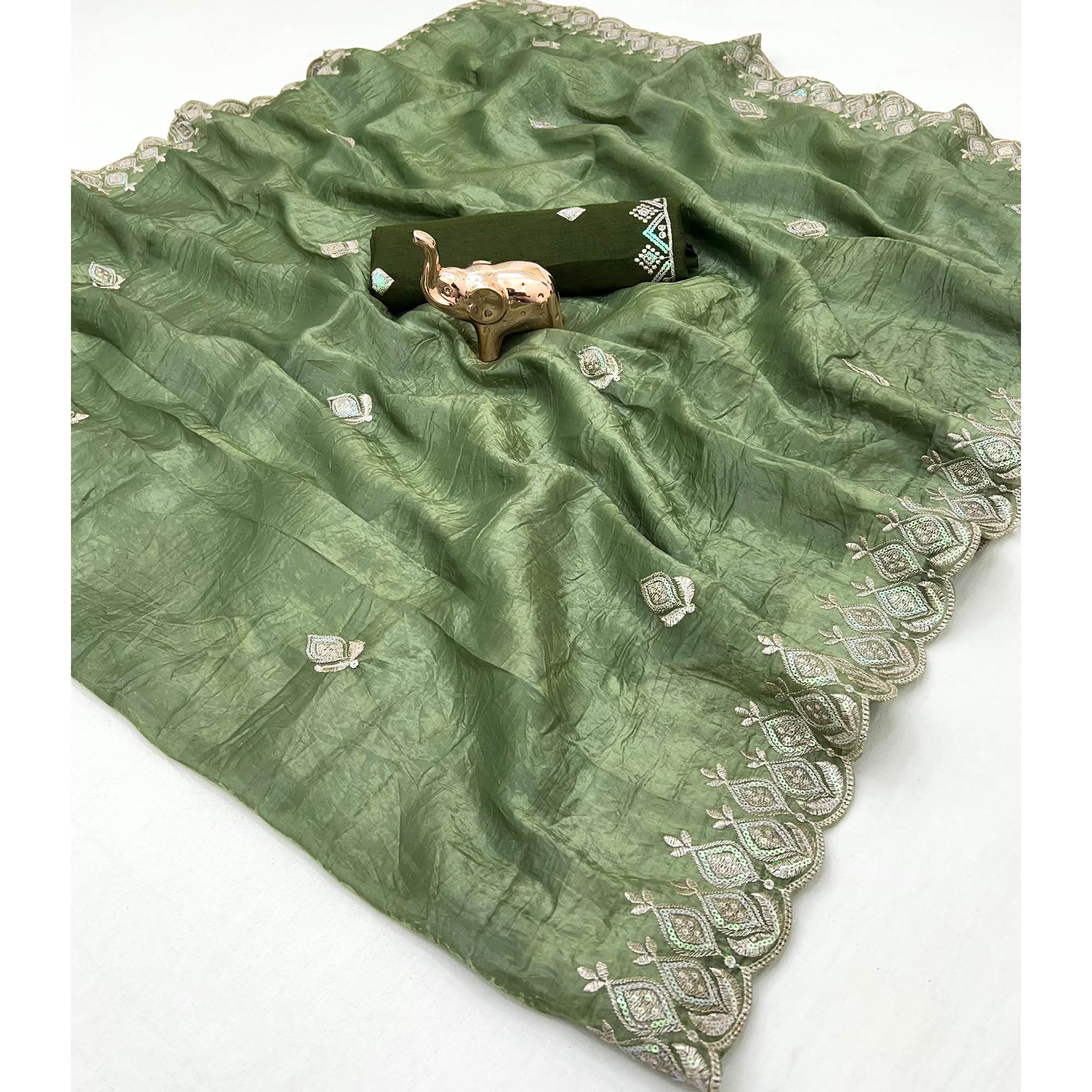 Green Floral Sequins Embroidered Fancy Fabrics Crush Saree - Image 3