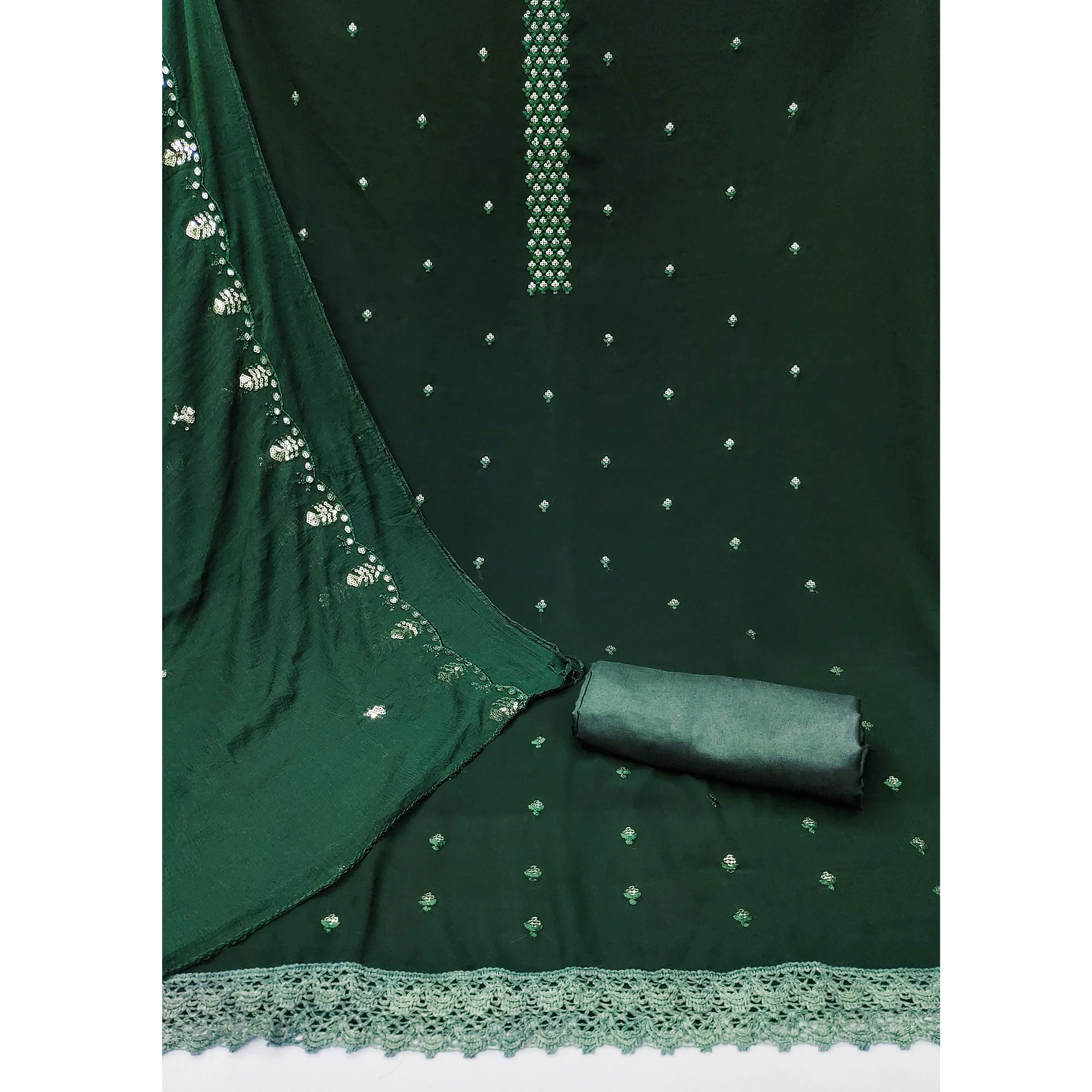 Green Floral Sequins Embroidered Georgette Dress Material - Image 4