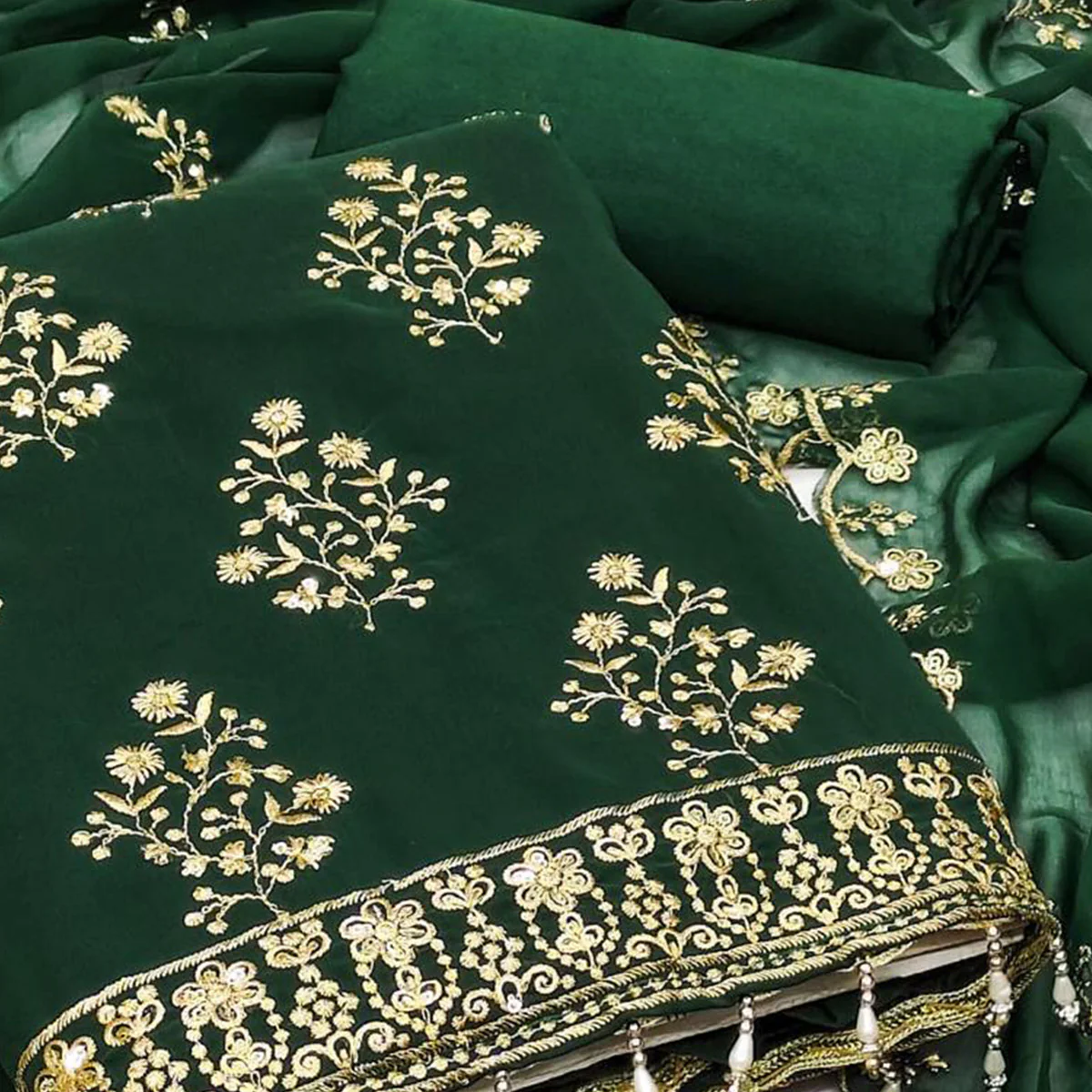 Green Floral Sequins Embroidered Georgette Dress Material - Image 2