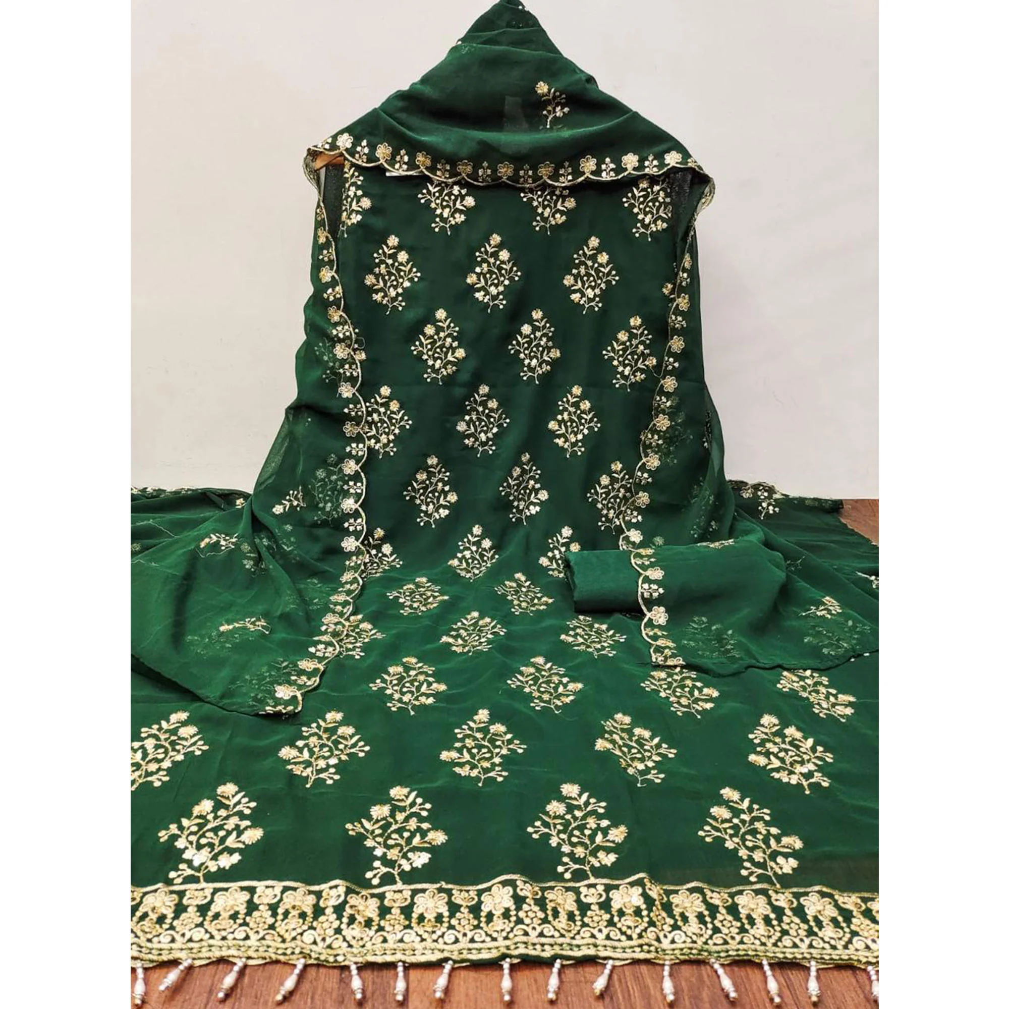 Green Floral Sequins Embroidered Georgette Dress Material - Image 3