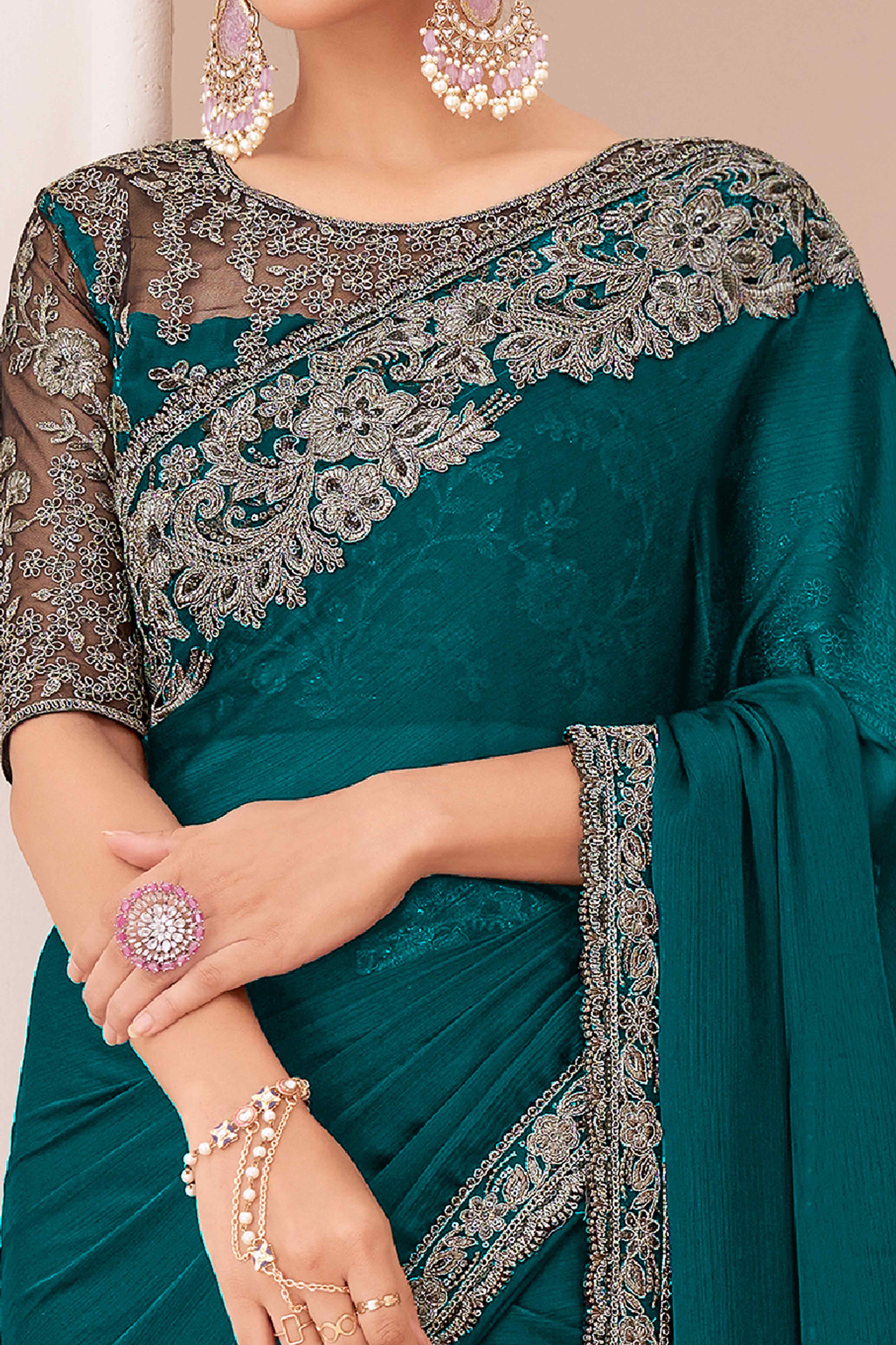 Green Floral Sequins Embroidered Georgette Saree - Image 2