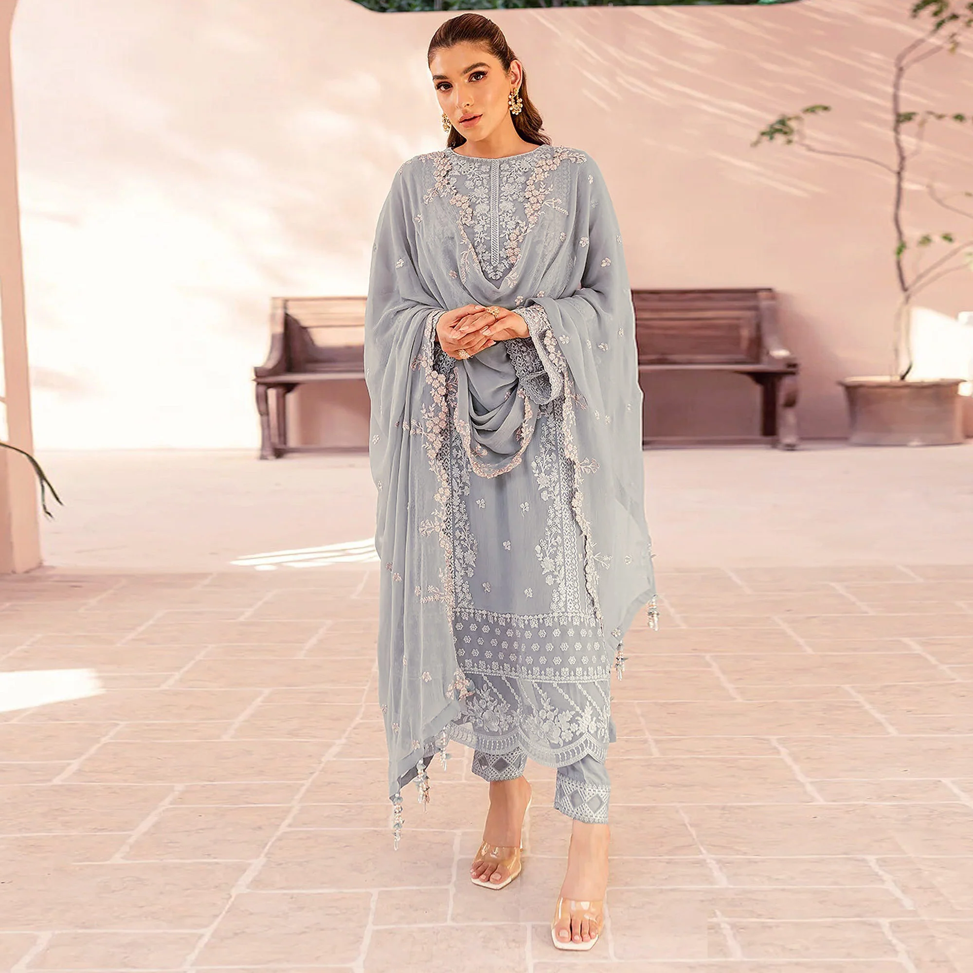 Green Floral Sequins Embroidered Georgette Semi Stitched Pakistani Suit - Image 2