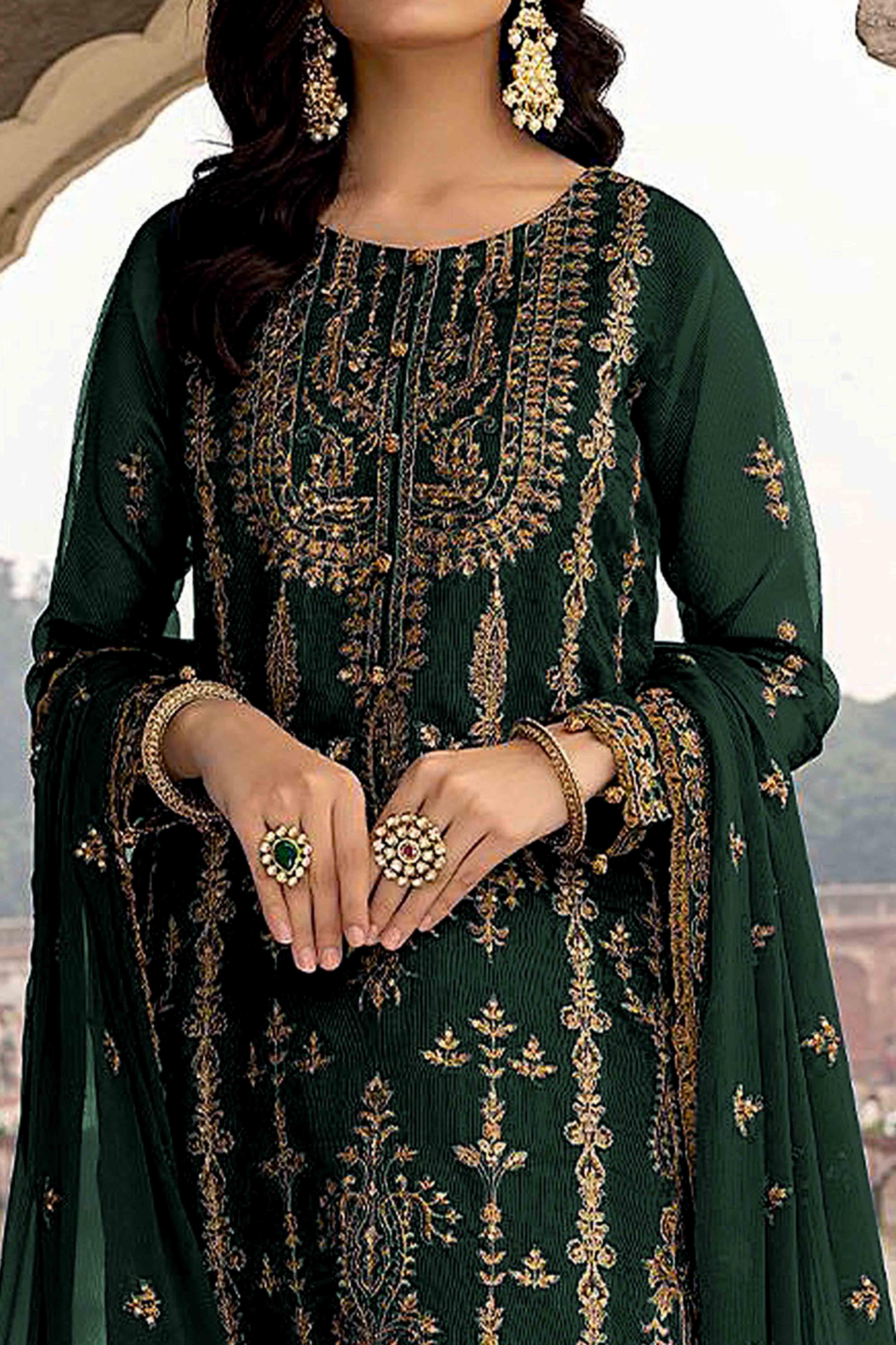 Green Floral Sequins Embroidered Georgette Semi Stitched  Suit - Image 2