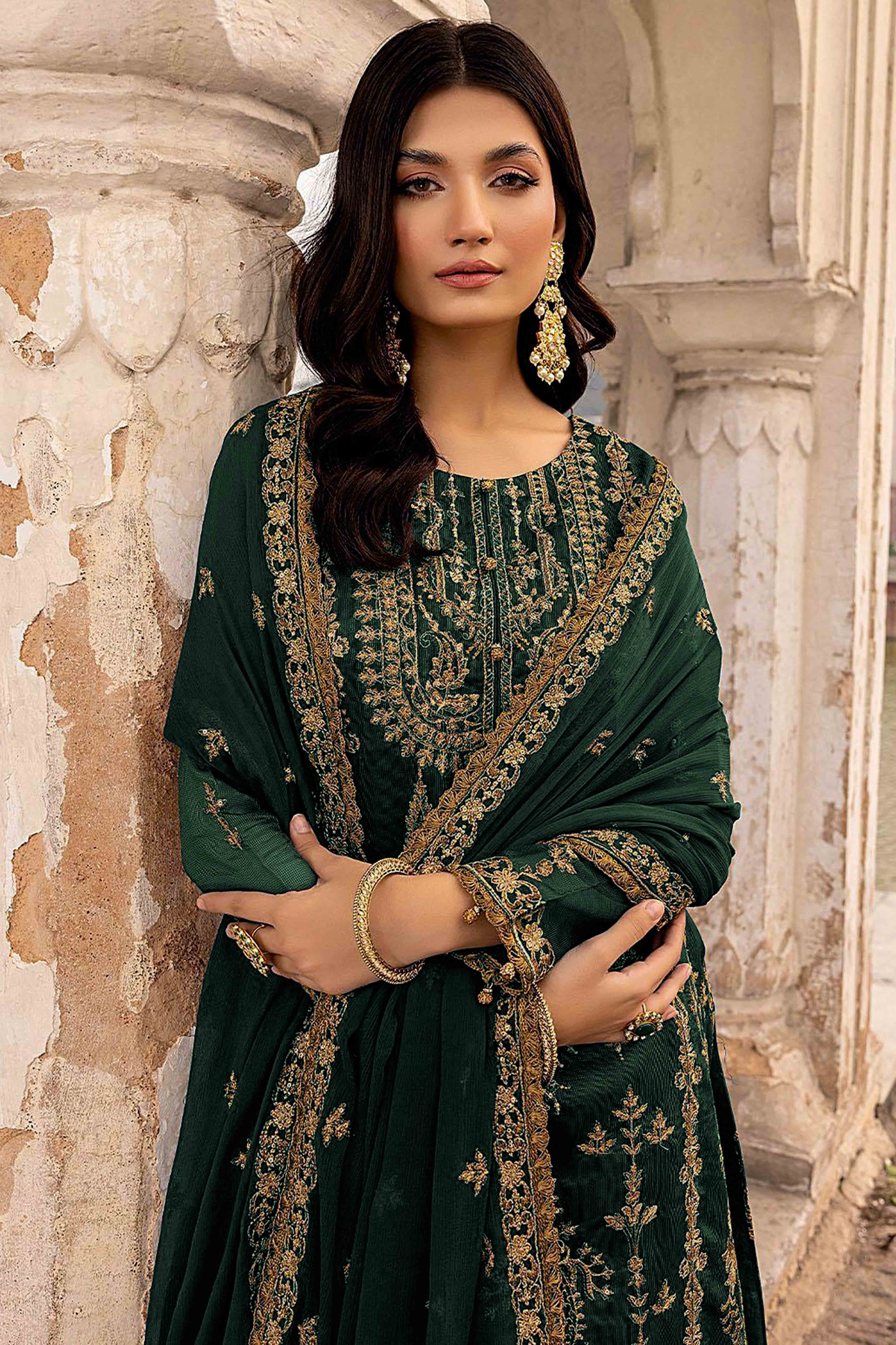 Green Floral Sequins Embroidered Georgette Semi Stitched  Suit - Image 3