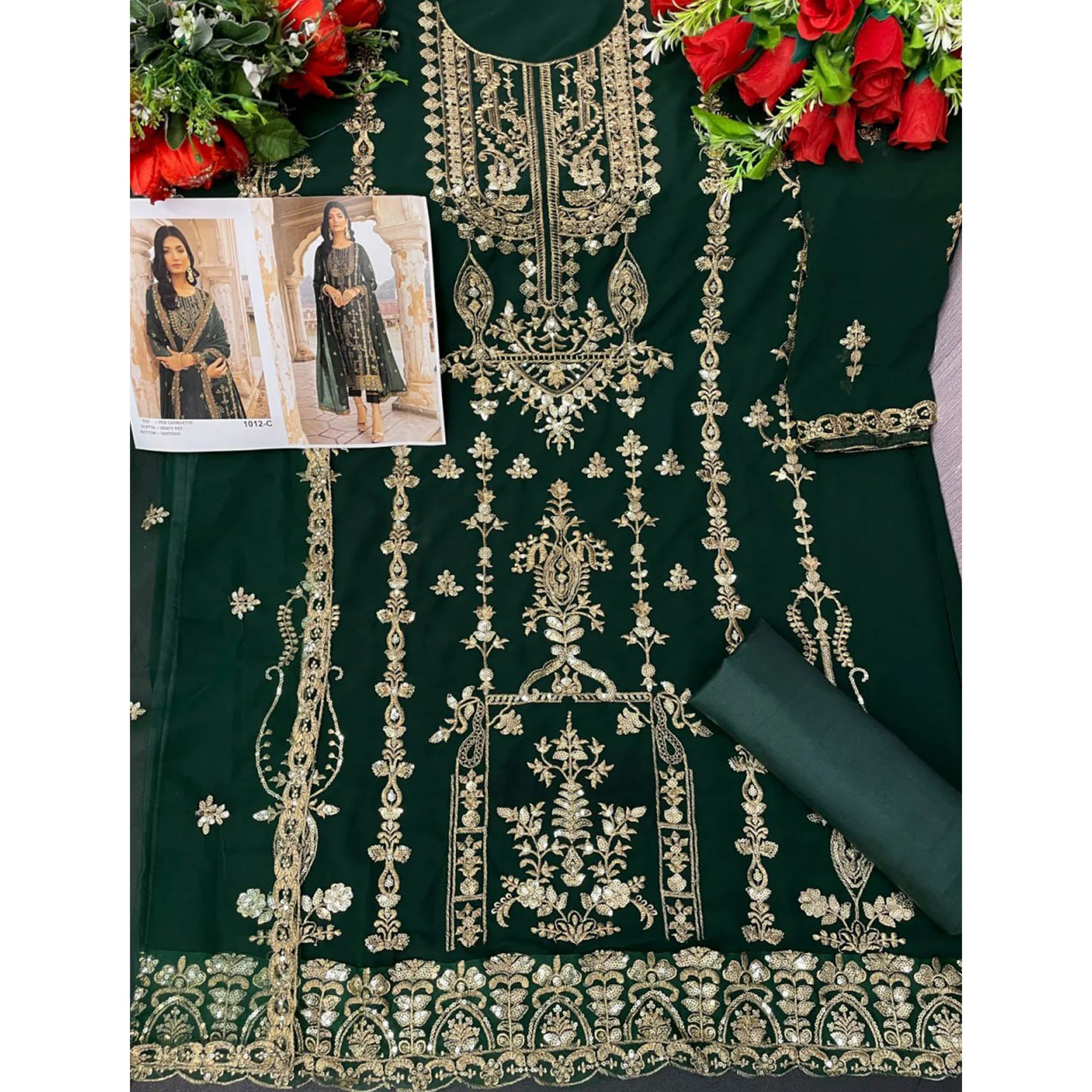 Green Floral Sequins Embroidered Georgette Semi Stitched  Suit - Image 4